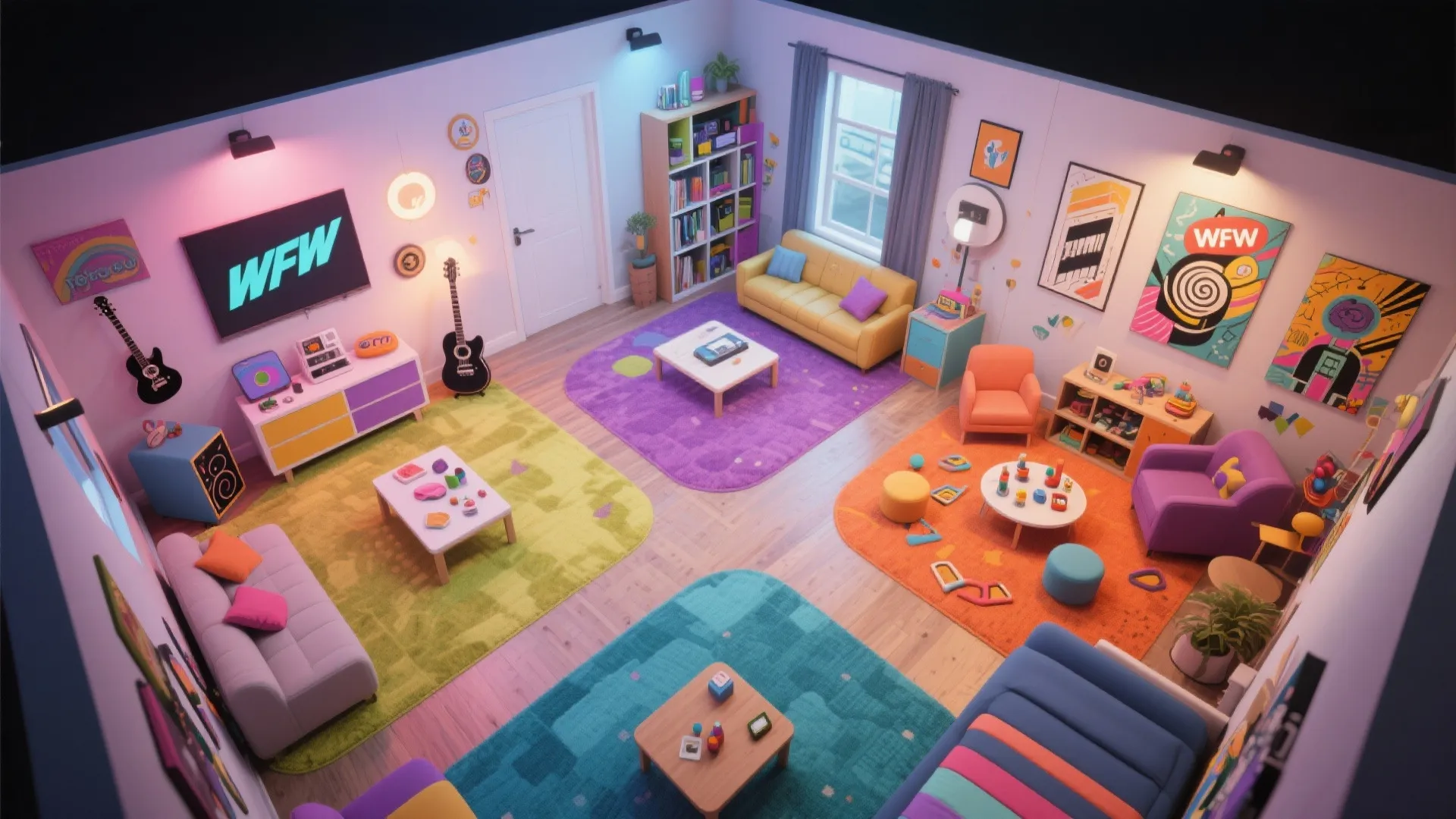Colorful playroom interior design with separate activity zones rugs sofas toys and bright wall art