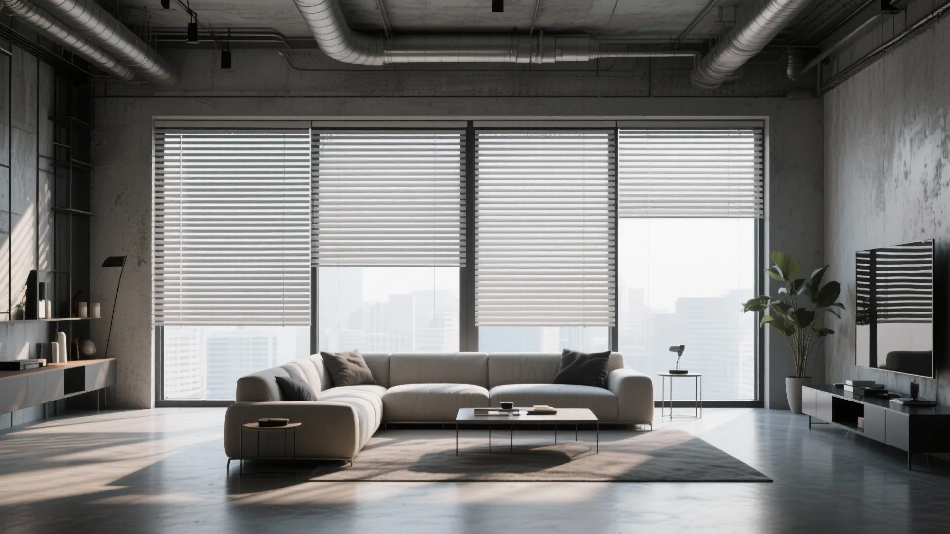 Modern loft with large zebra blinds creating patterned light