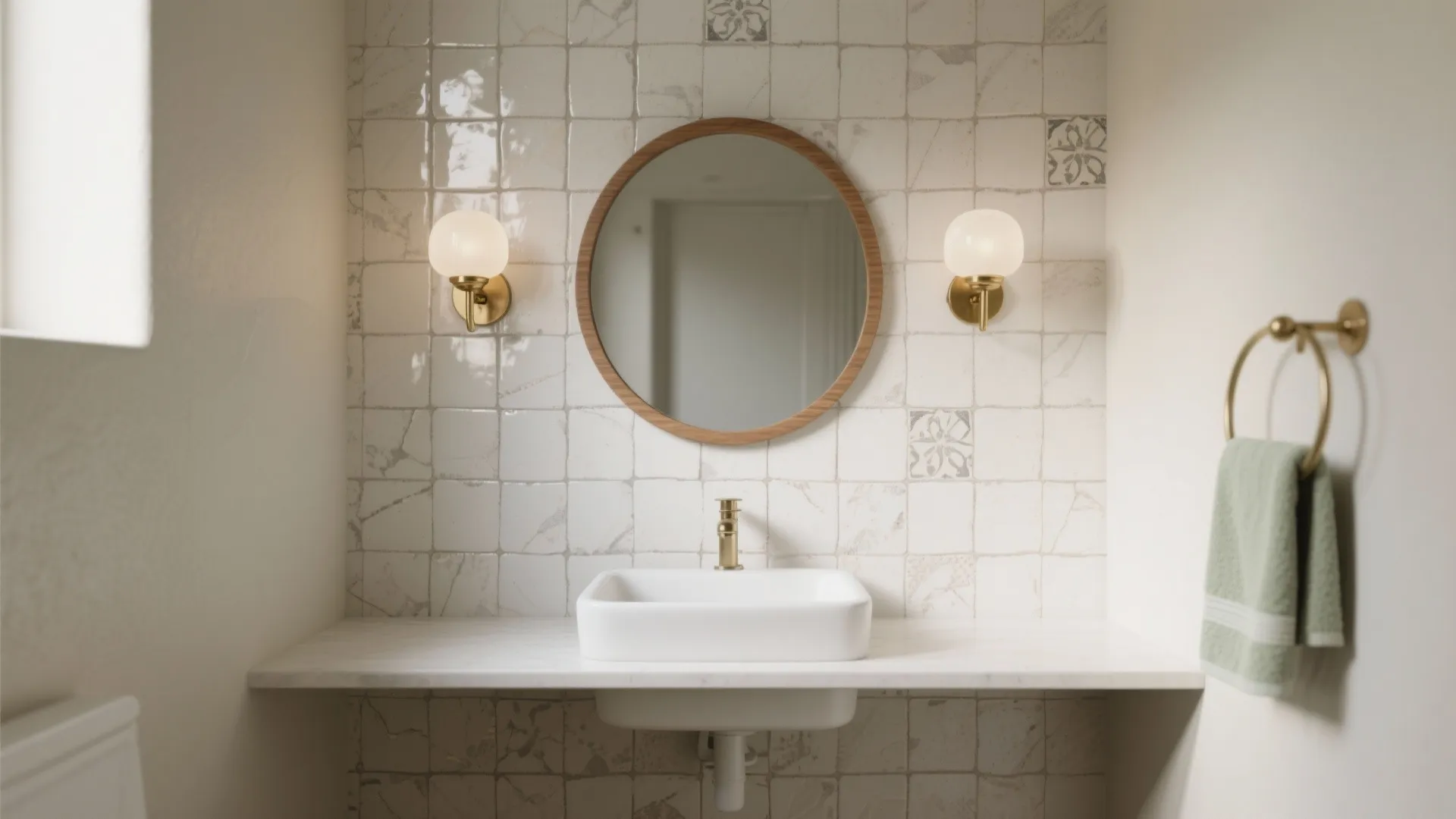 Modern bathroom with white sink, round wooden mirror, wall lights, textured tiles, and green towel