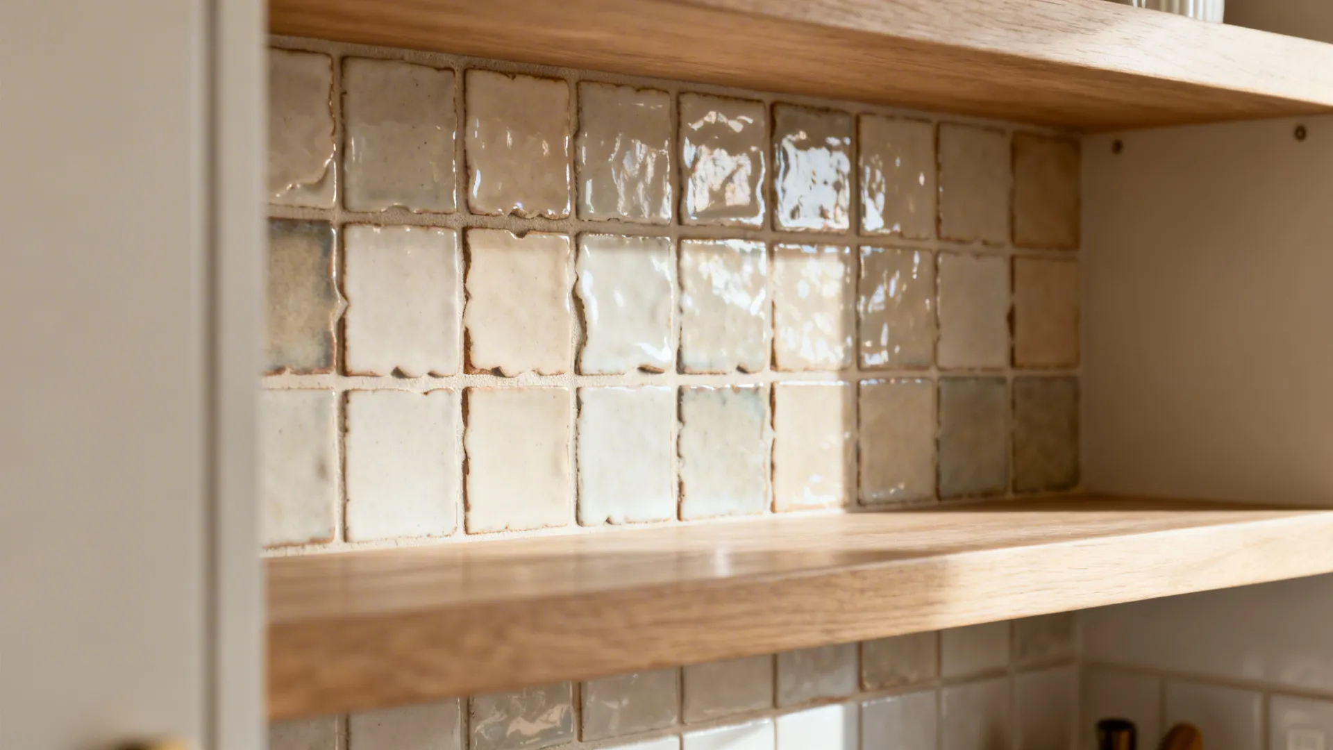 Macro of zellige-style tile with hand-pressed texture and tonal variation behind open shelves.