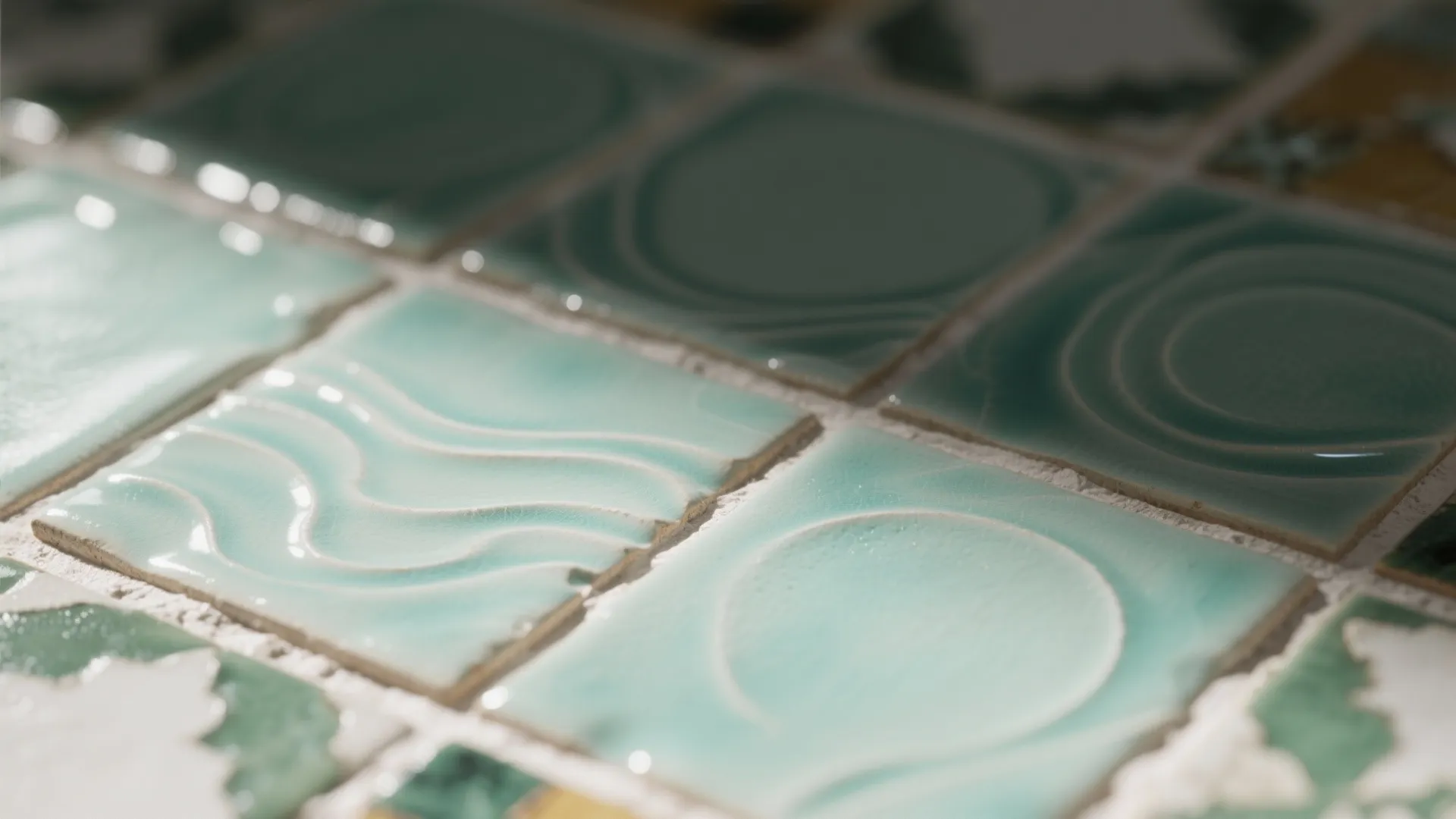 Close up of light green square wall tiles with wavy patterns and glossy finish in sunlight
