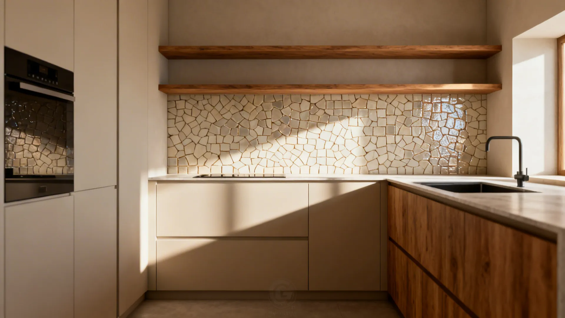 Small minimalist kitchen with a zellige-style accent band behind open shelves in warm tones.