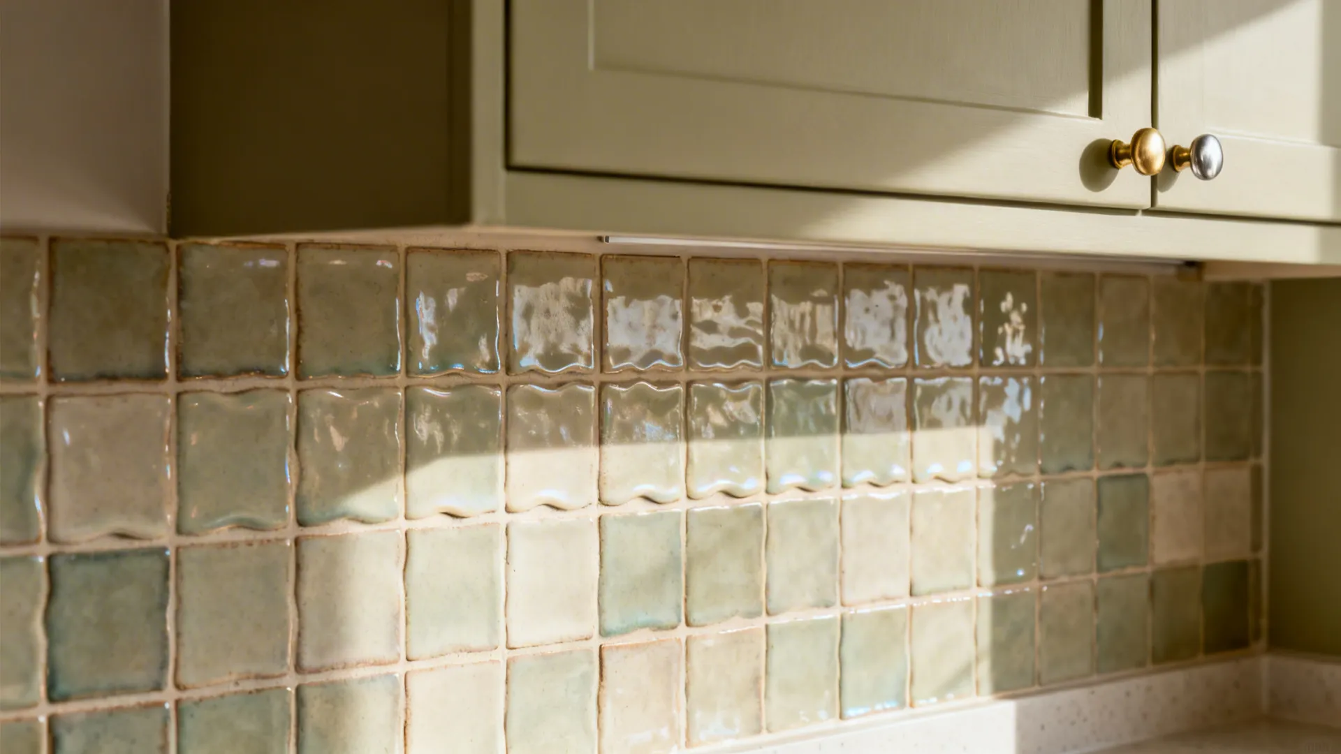 Small square glossy wall tiles under a kitchen cabinet with round gold and silver handles