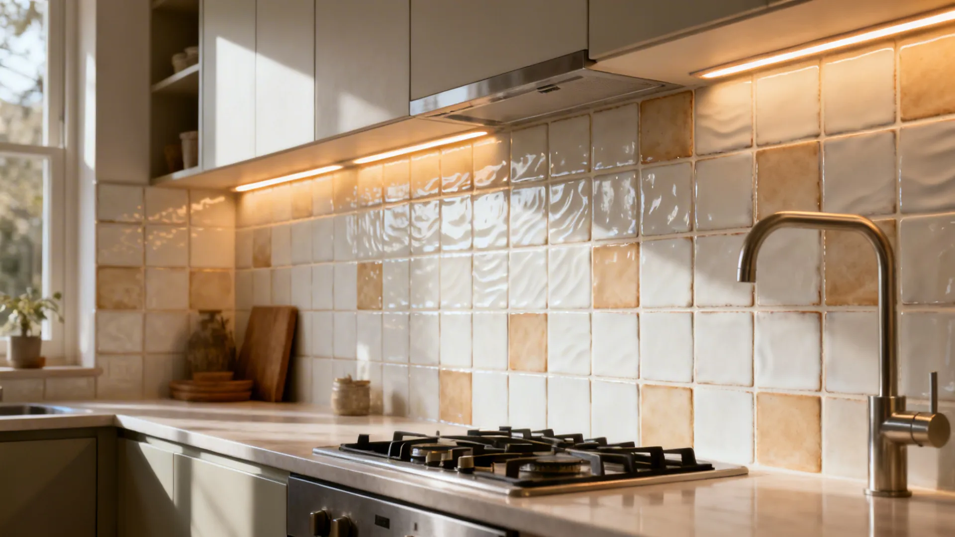 Warm white and sand zellige-style square tile backsplash glowing under warm LED strips.
