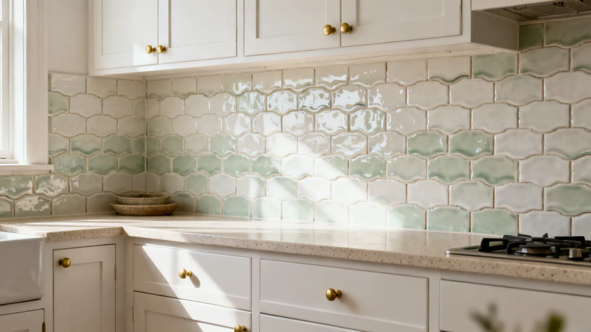 Compact kitchen with off-white and pale sage zellige tile backsplash showing artisanal texture.