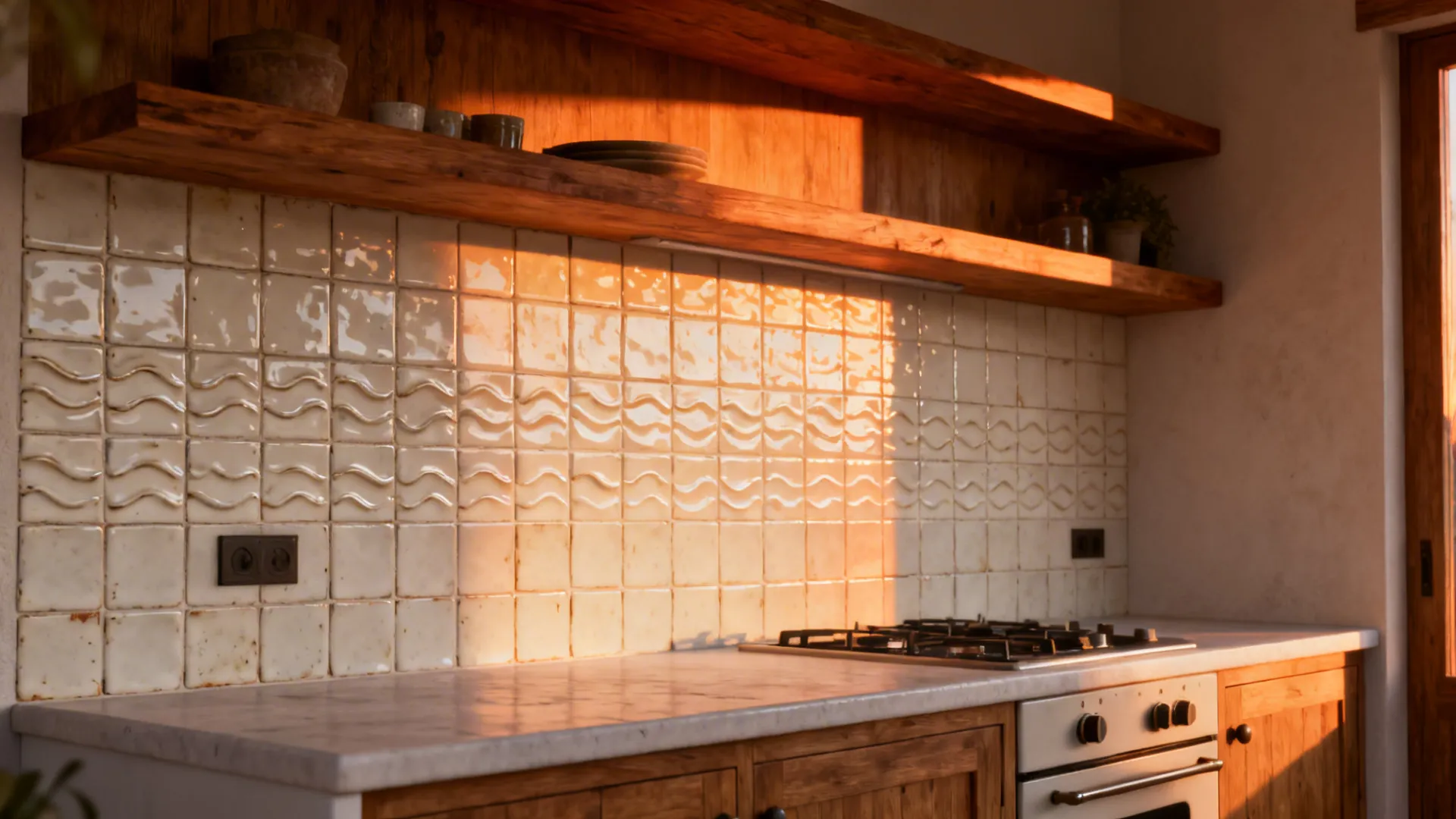 Zellige-style ceramic backsplash with warm wood shelves in a cozy kitchenette