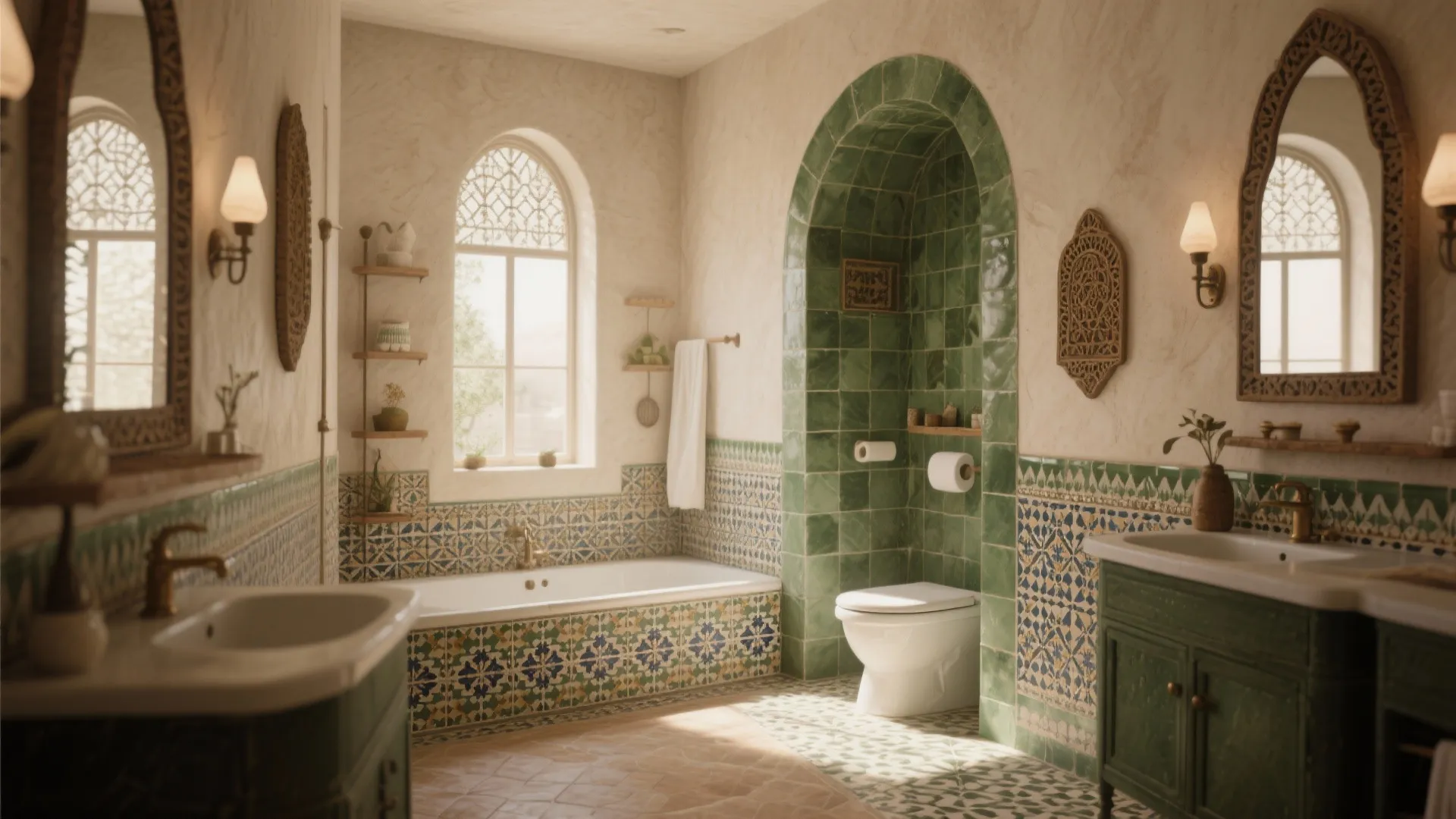 Luxury bathroom design with green arched tiles white bathtub wooden mirrors and green vanity sink cabinet