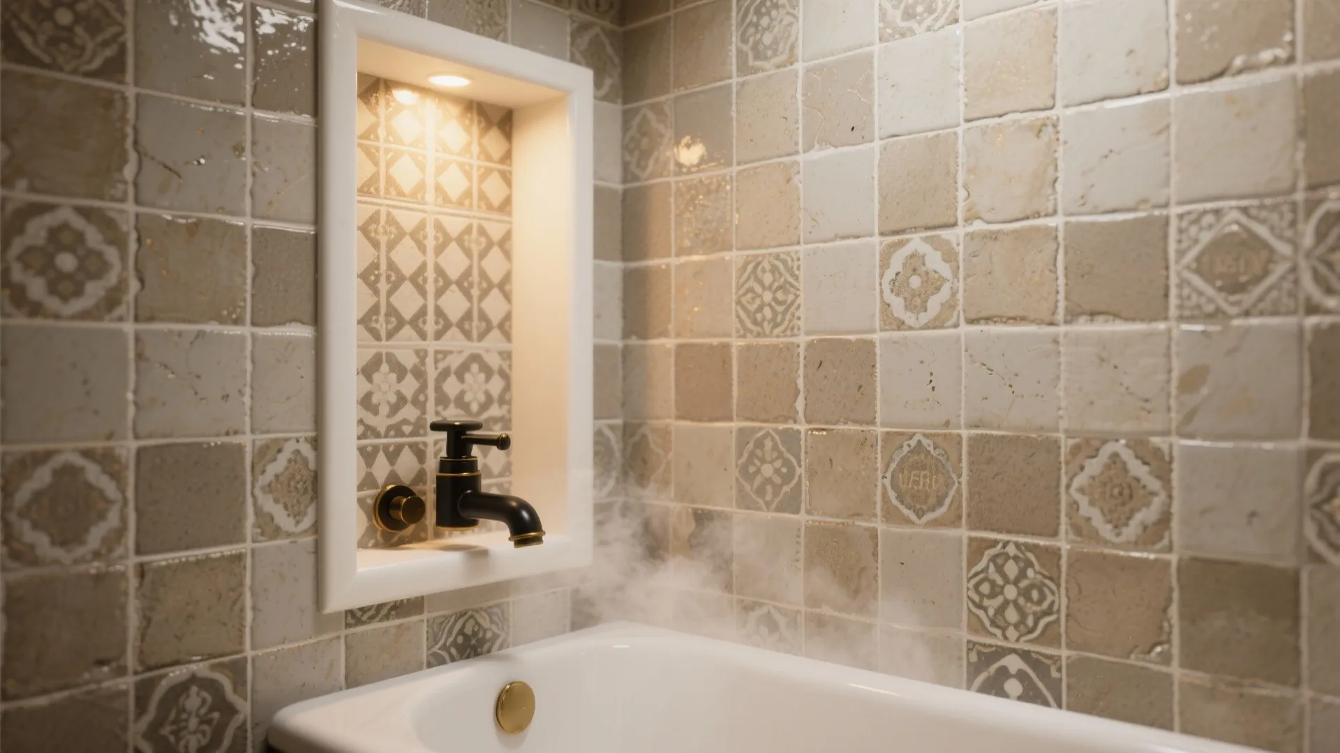 Close up of a bathtub with steam black water tap and decorative patterned wall tiles