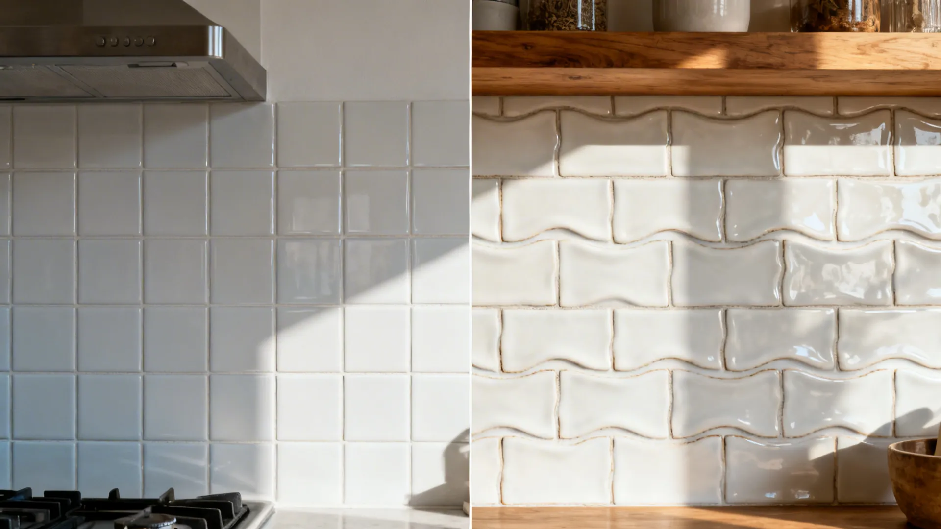 Before and after comparison showing standard square white tiles versus decorative wavy white glossy kitchen backsplash