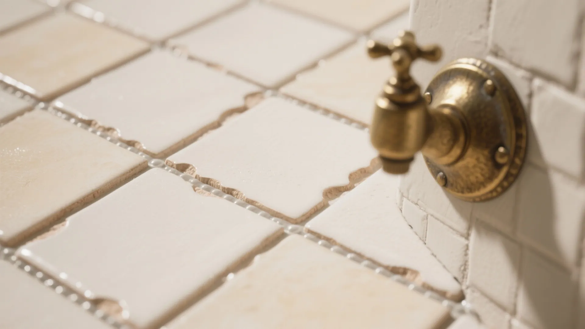 Macro of warm white zellige tile texture with epoxy grout next to a patinated brass tap.
