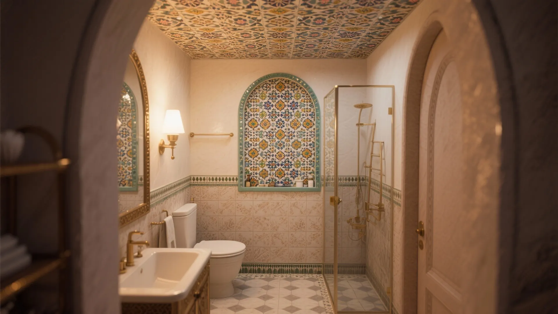 Bathroom interior with patterned ceiling tiles arched wall niche toilet white sink and glass shower