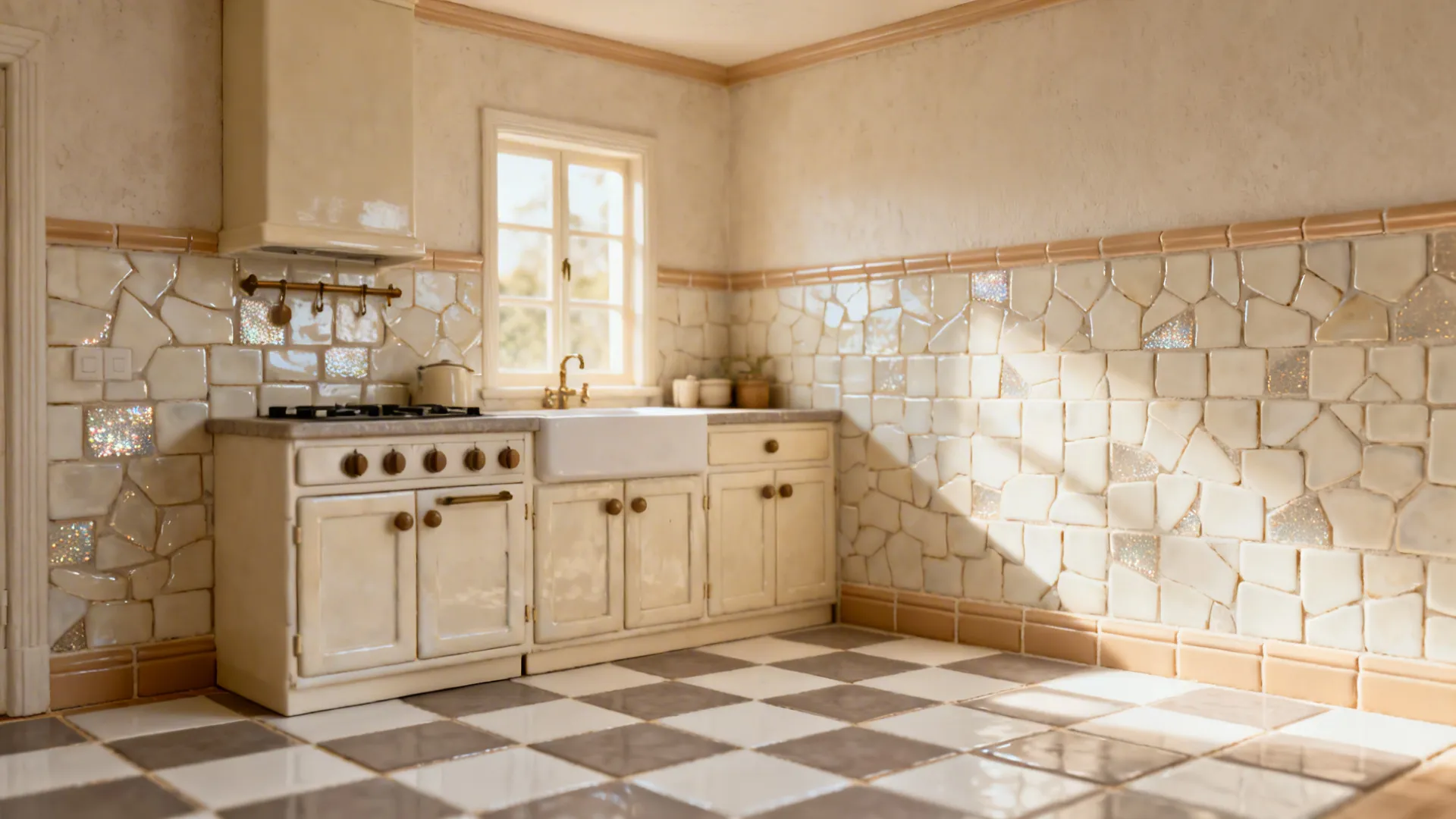 Cream zellige wall tiles with taupe and ivory checkerboard floor in a classic kitchen.