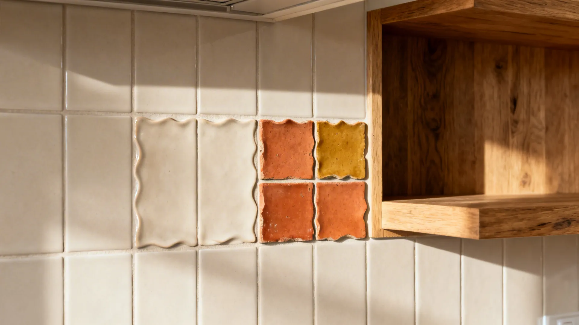 Neutral backsplash with a small cluster of handmade zellige tiles catching light.