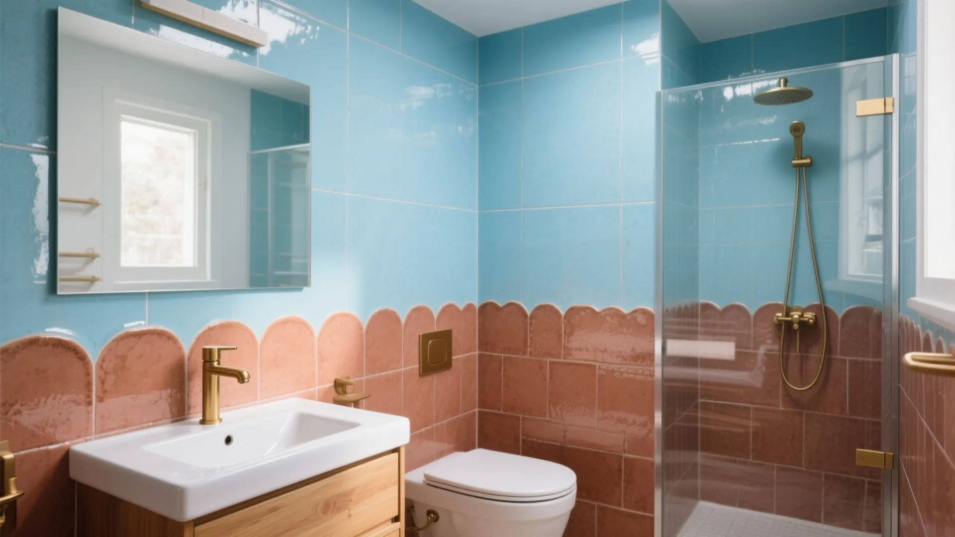 Modern bathroom with light blue and pink tiles gold faucet white sink toilet glass shower