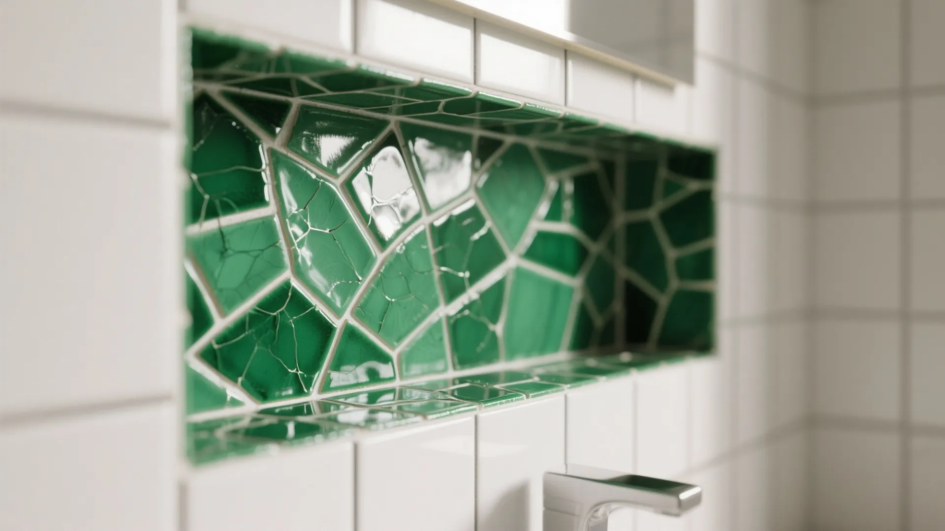Close up of a green tiled wall shelf built into a white square tiled bathroom wall