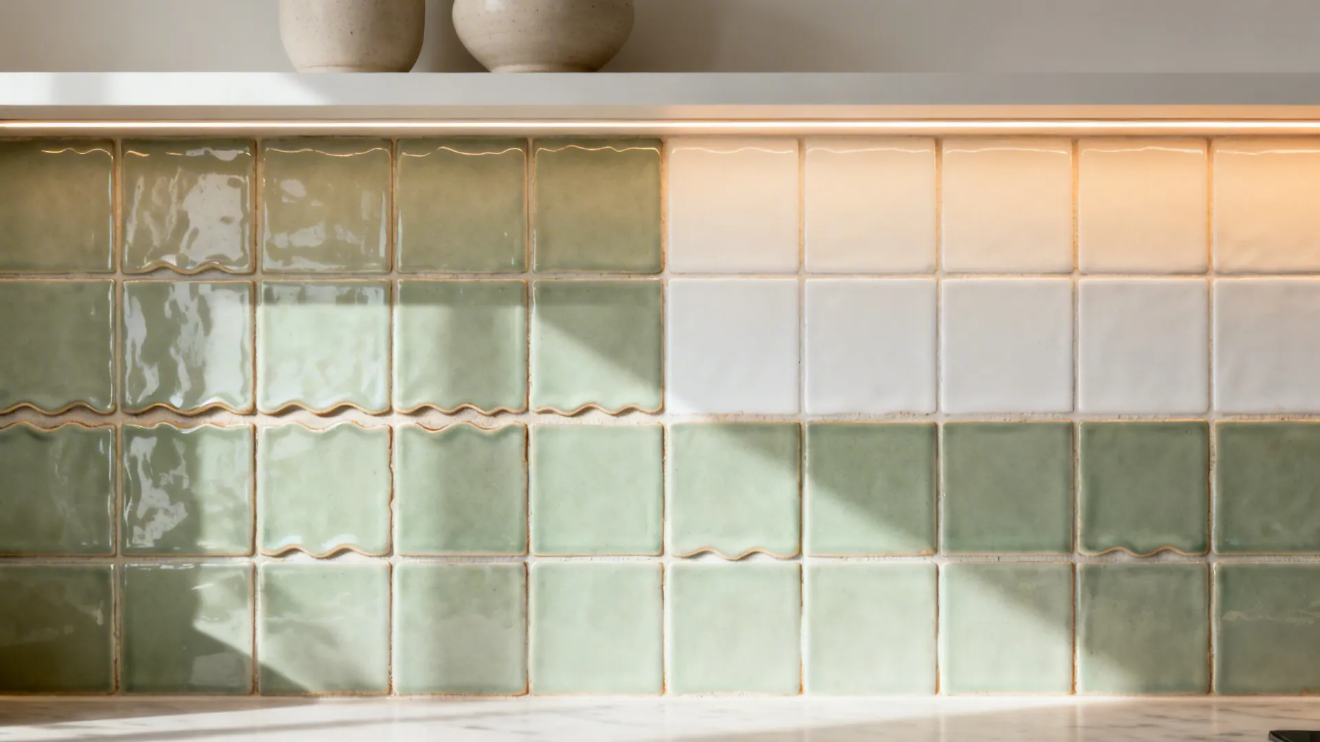 Color-blocked sage and warm white glazed square tiles with soft texture.