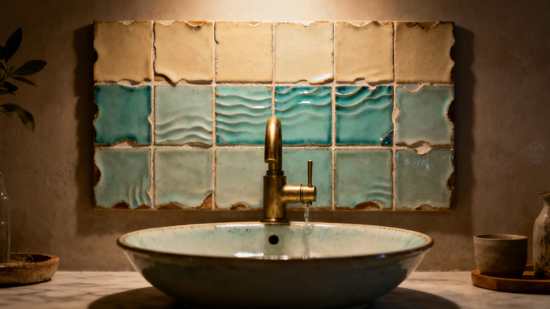 Color-blocked zellige tile panel in oat and sea-glass behind a dining room basin with brass faucet.