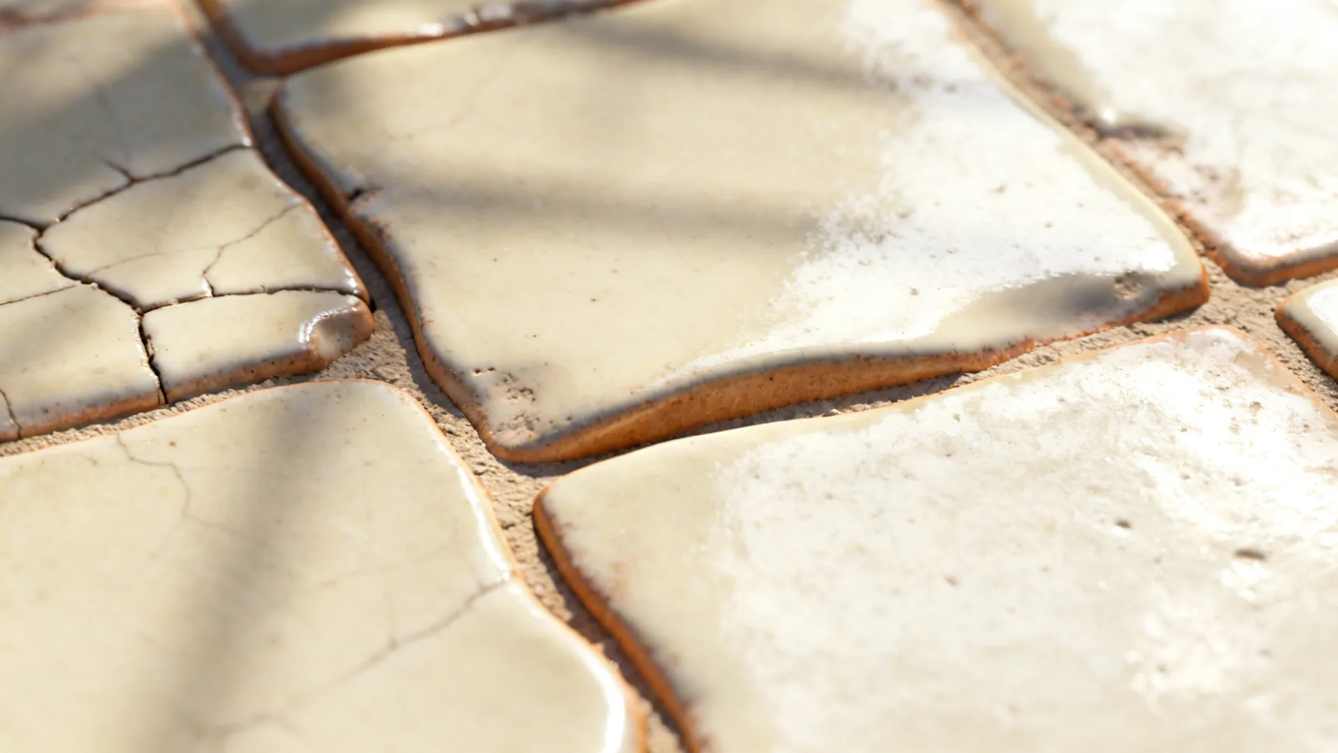Macro of Zellige-style tile showing crackle glaze, cupped surface, and irregular edges in tonal ivory.