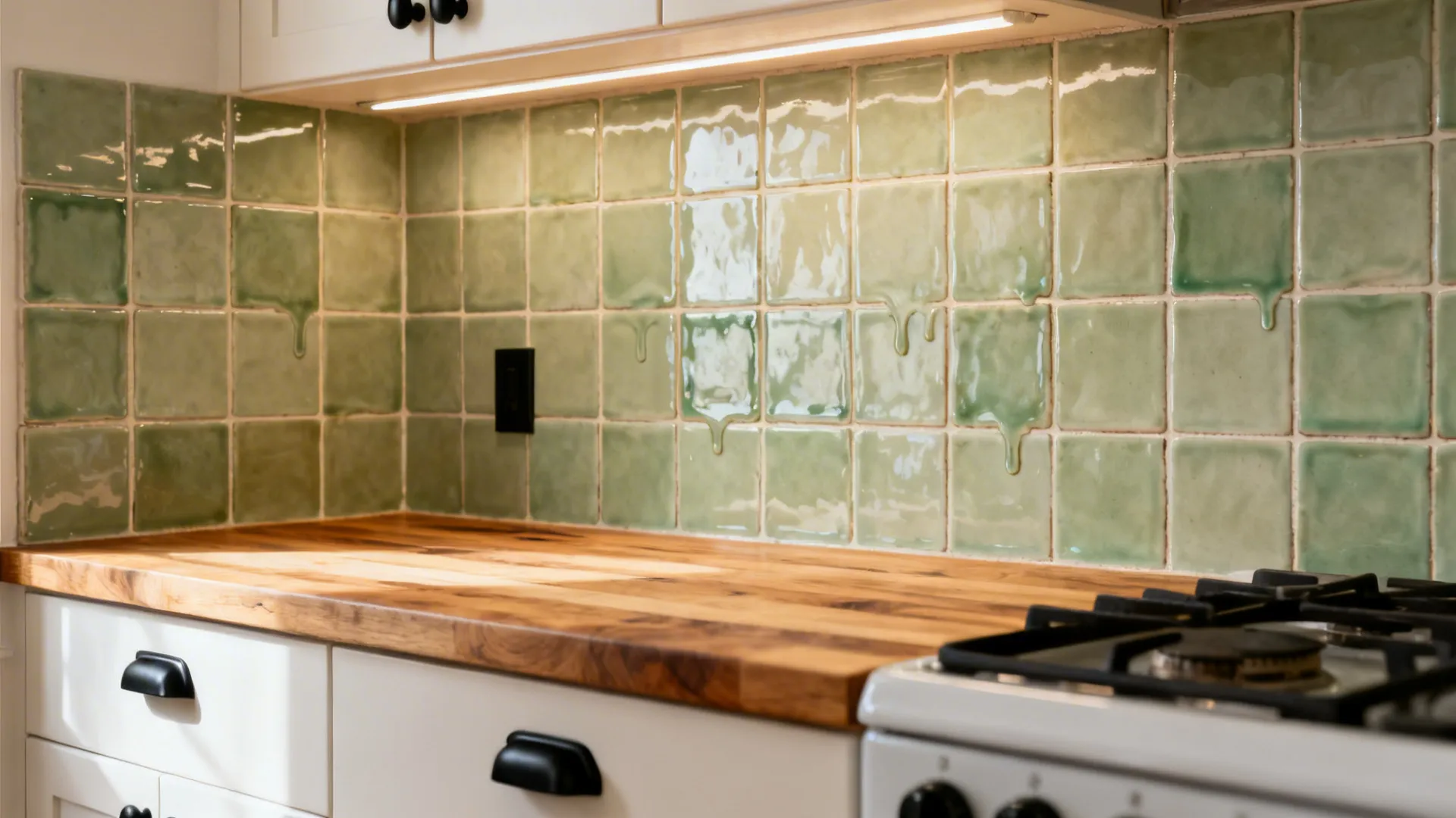 Eucalyptus green zellige-style backsplash with butcher block and matte black hardware.