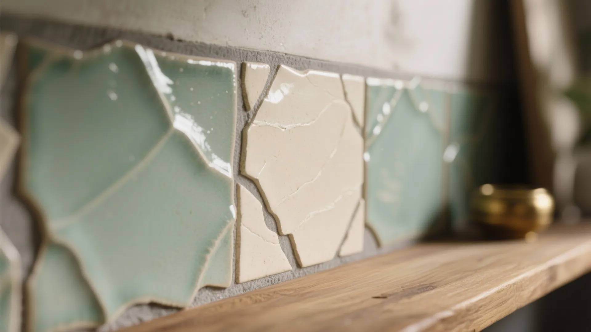 Close-up of green and white handmade wall tiles above a light wood shelf with gold