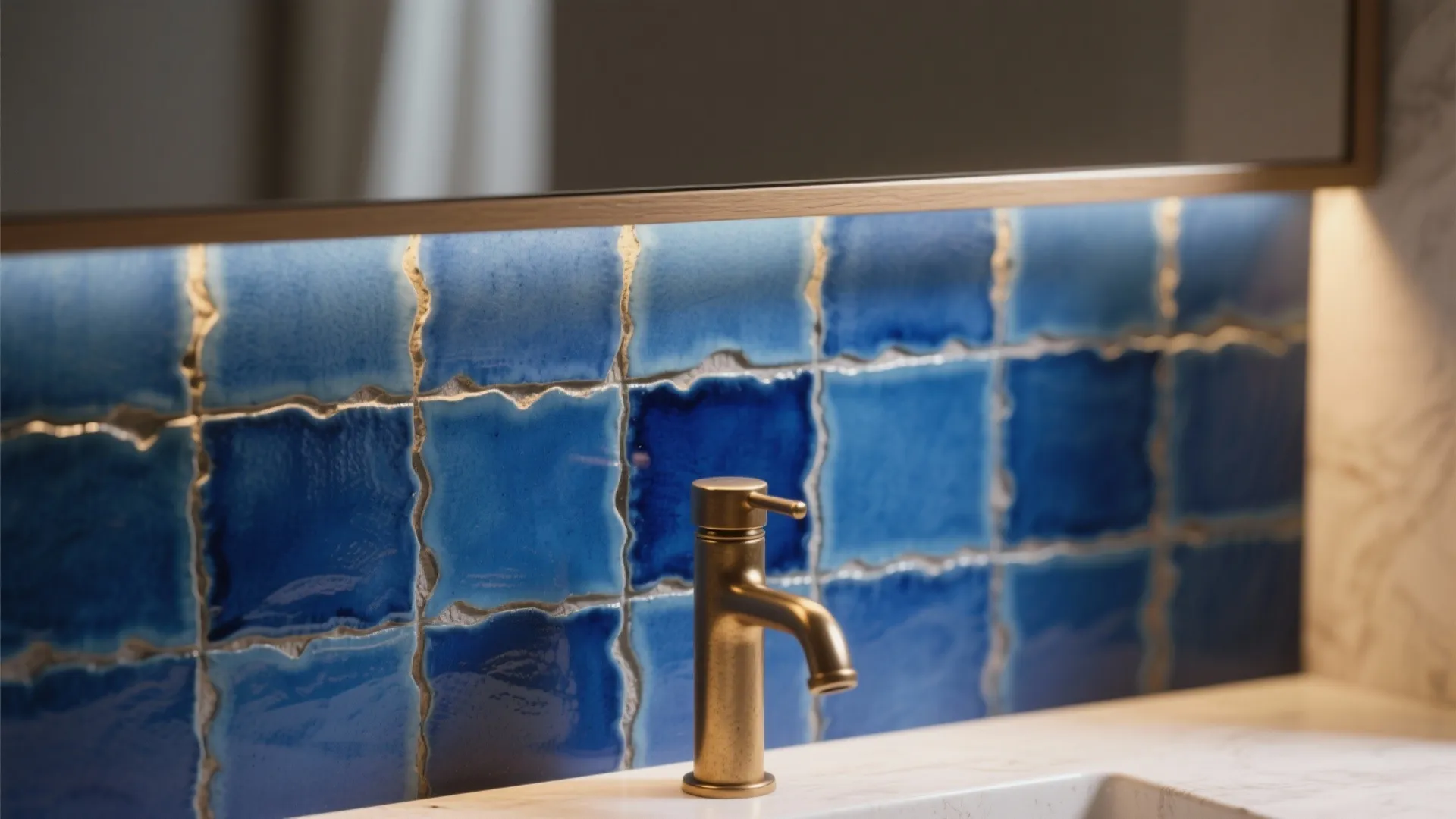 Close up of blue wall tiles behind a gold water tap under a large bathroom mirror
