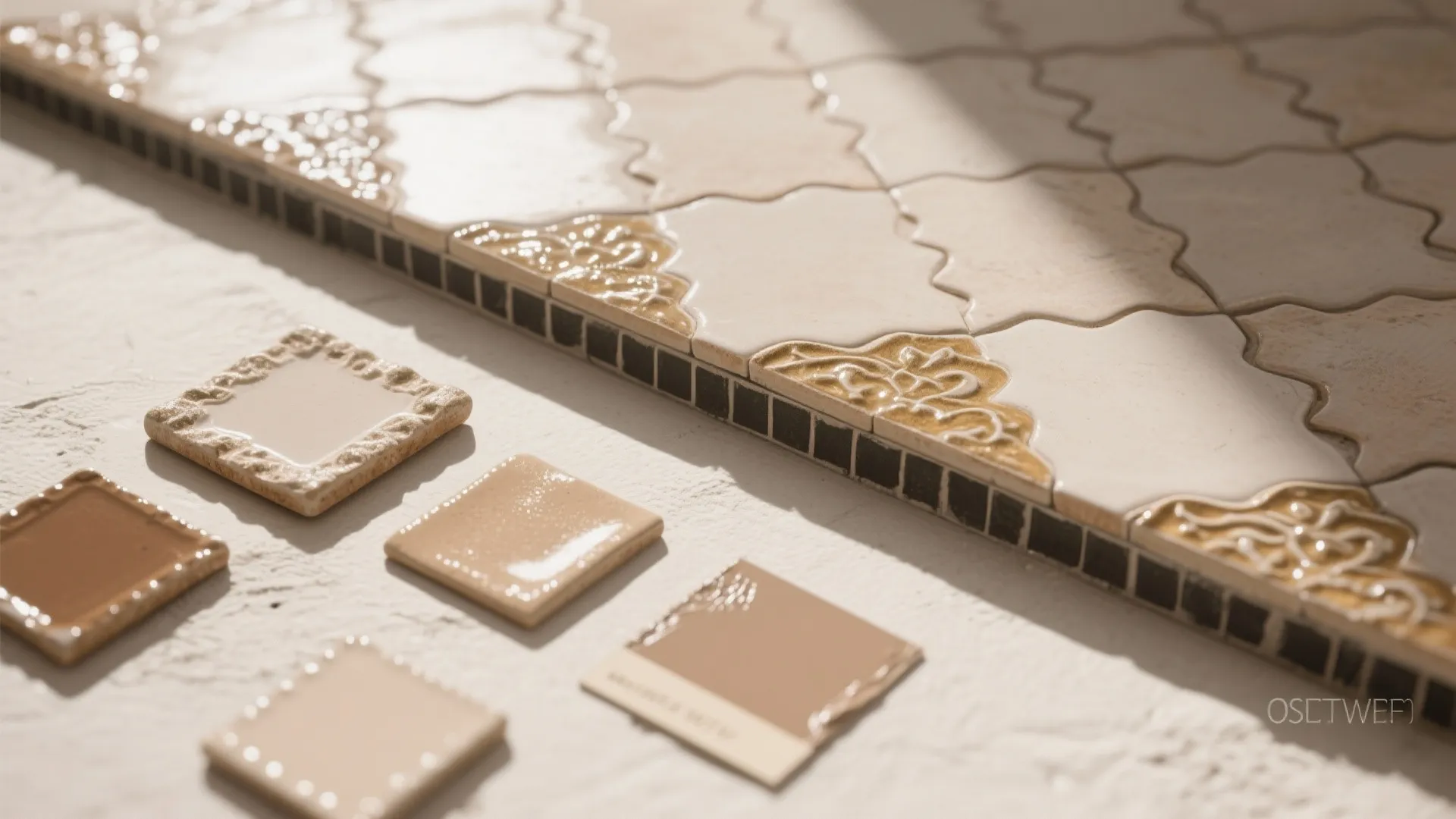 Beige and brown wall tiles with decorative patterns laid out on a textured white surface