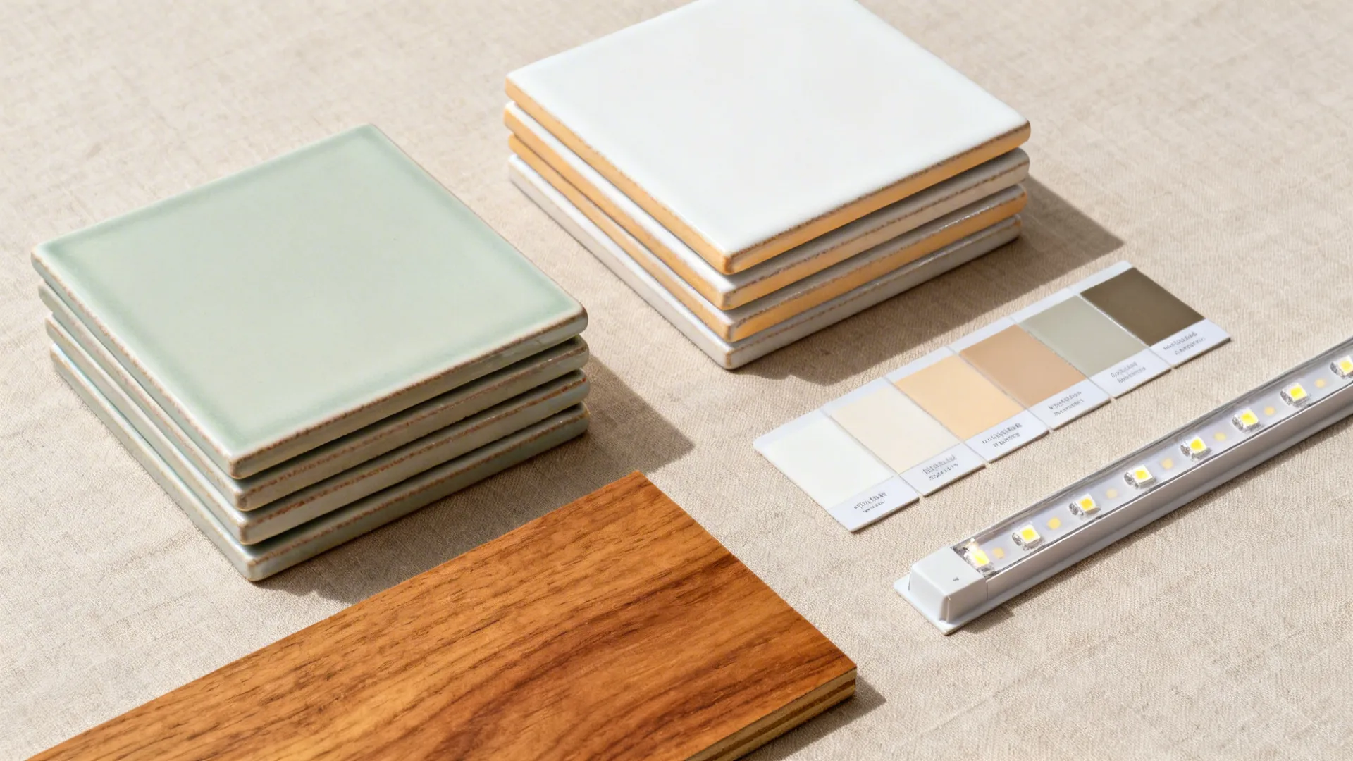 Flat lay of sage and warm white square tiles with grout swatches and oak sample.