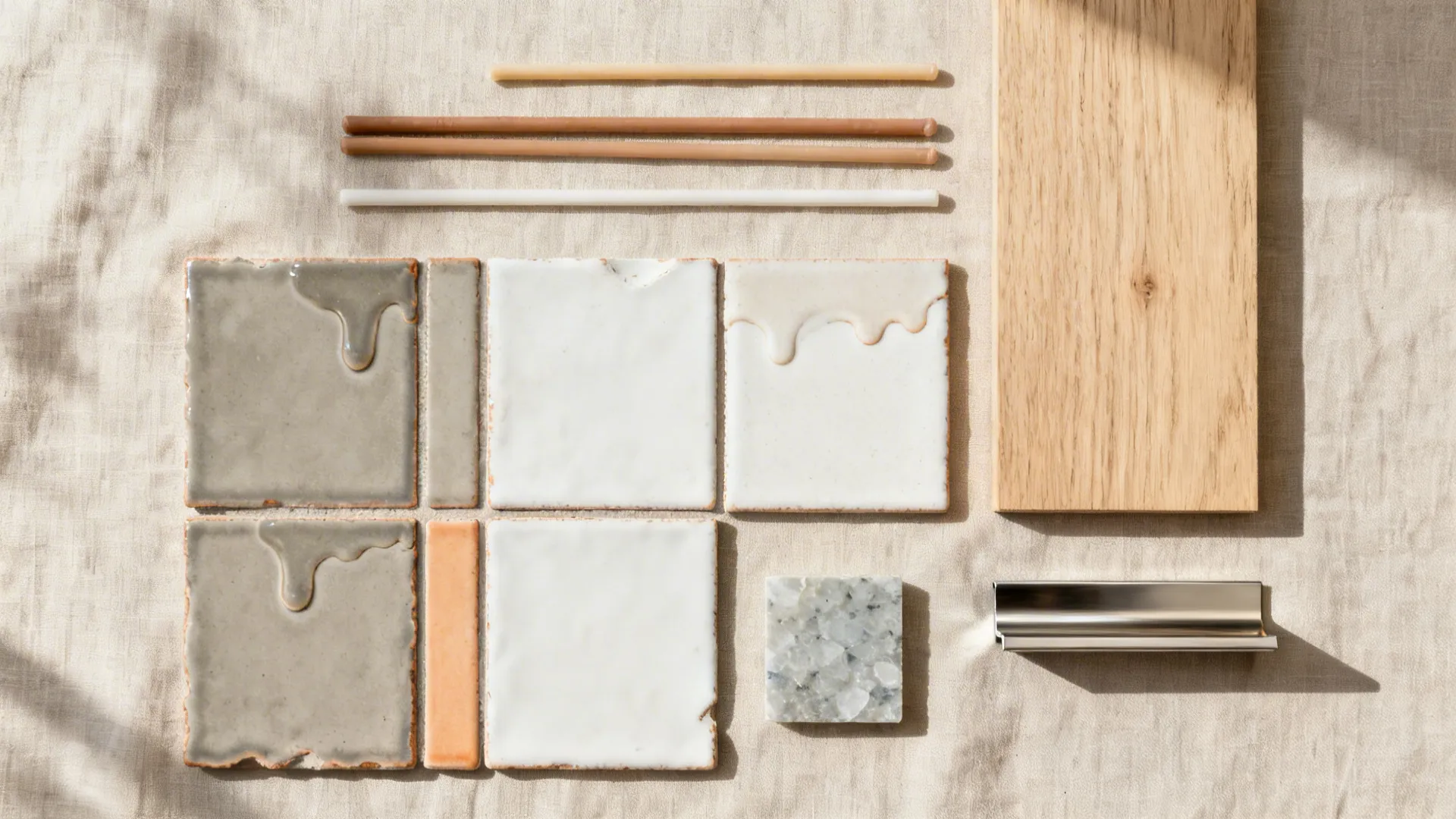 Top-down flat lay of neutral zellige tiles with grout sticks, wood, and quartz samples.