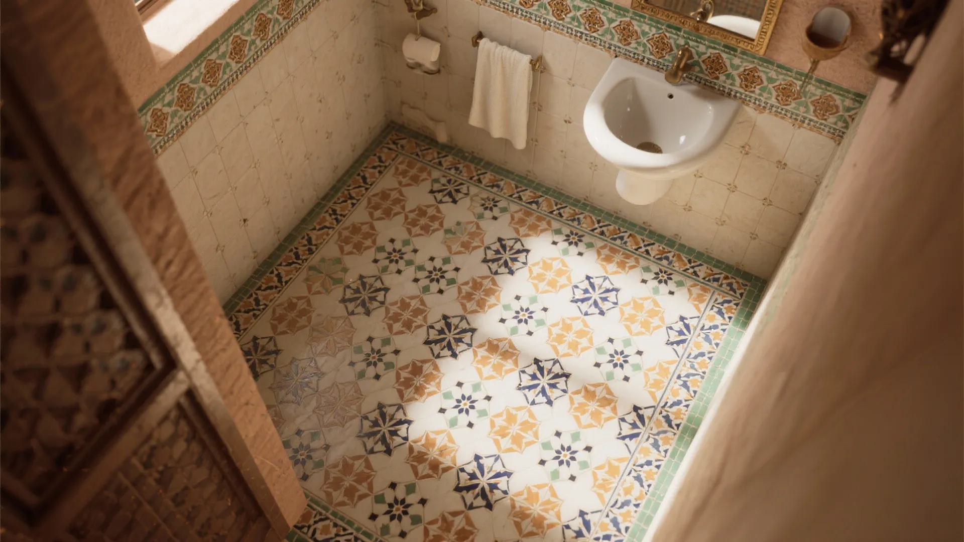 Top view of a small bathroom showing decorative floral floor tiles and a white sink