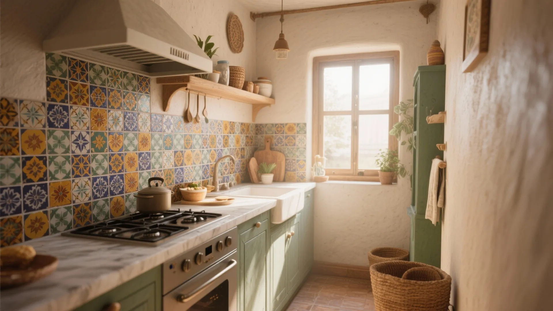 Rustic kitchen with green cabinets, colorful patterned wall tiles, wooden window frame, and natural sunlight effect