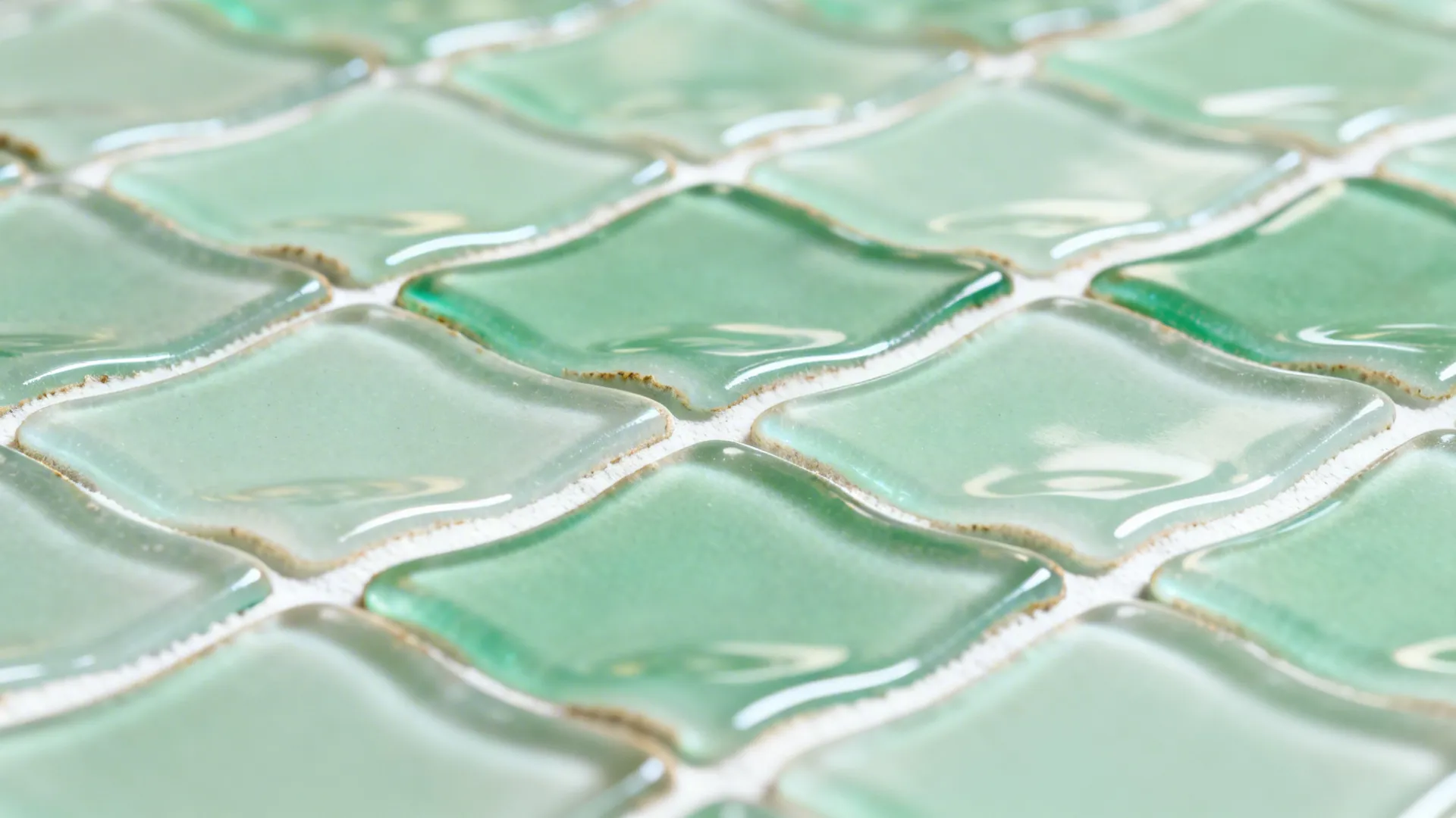 Macro of pale Zellige-style glass mosaics with softly wavy surfaces and white grout.