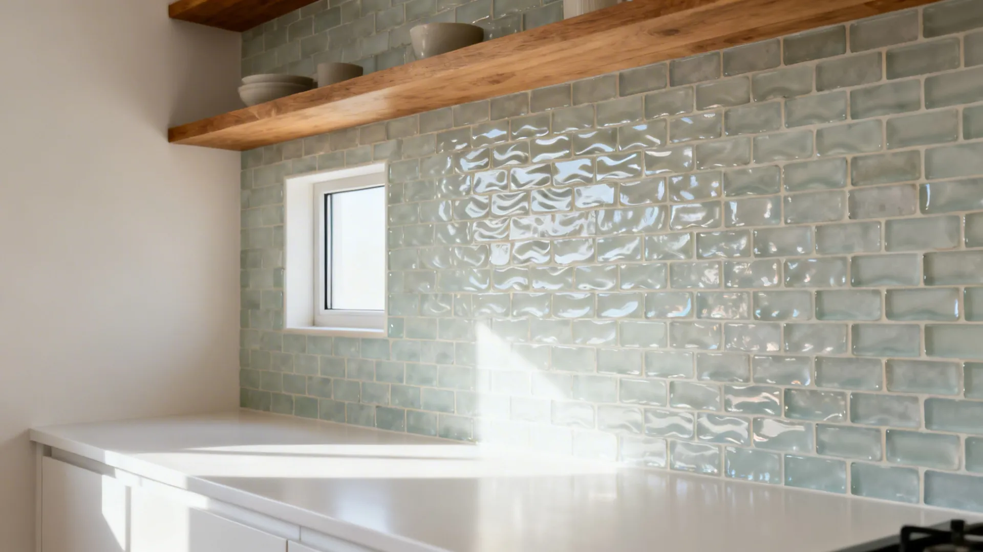 Pale sea-salt Zellige-style glass mosaic backsplash with oak shelves in soft daylight.