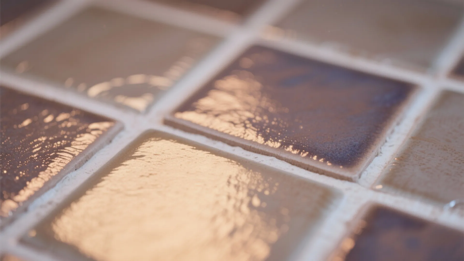 Close up view of shiny square wall tiles in beige and brown colors with white grout