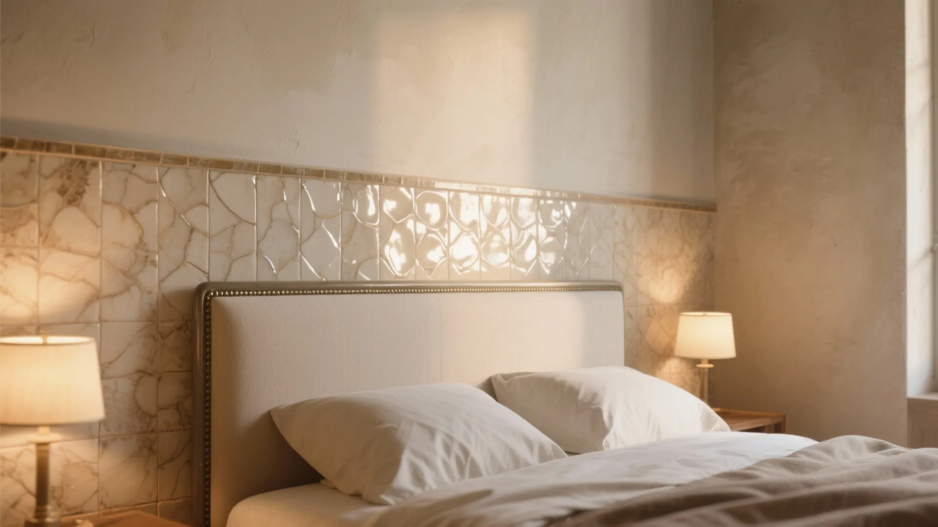 Comfortable bed with white pillows and side table lamps against a glossy decorative wall panel