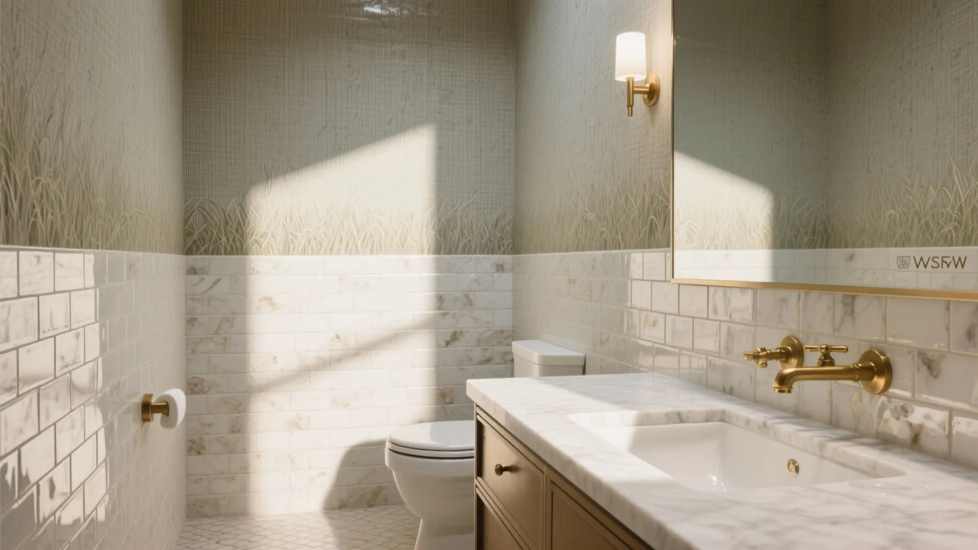 Glossy zellige tile reflects light beside faux grasscloth vinyl wallpaper in a compact bath.