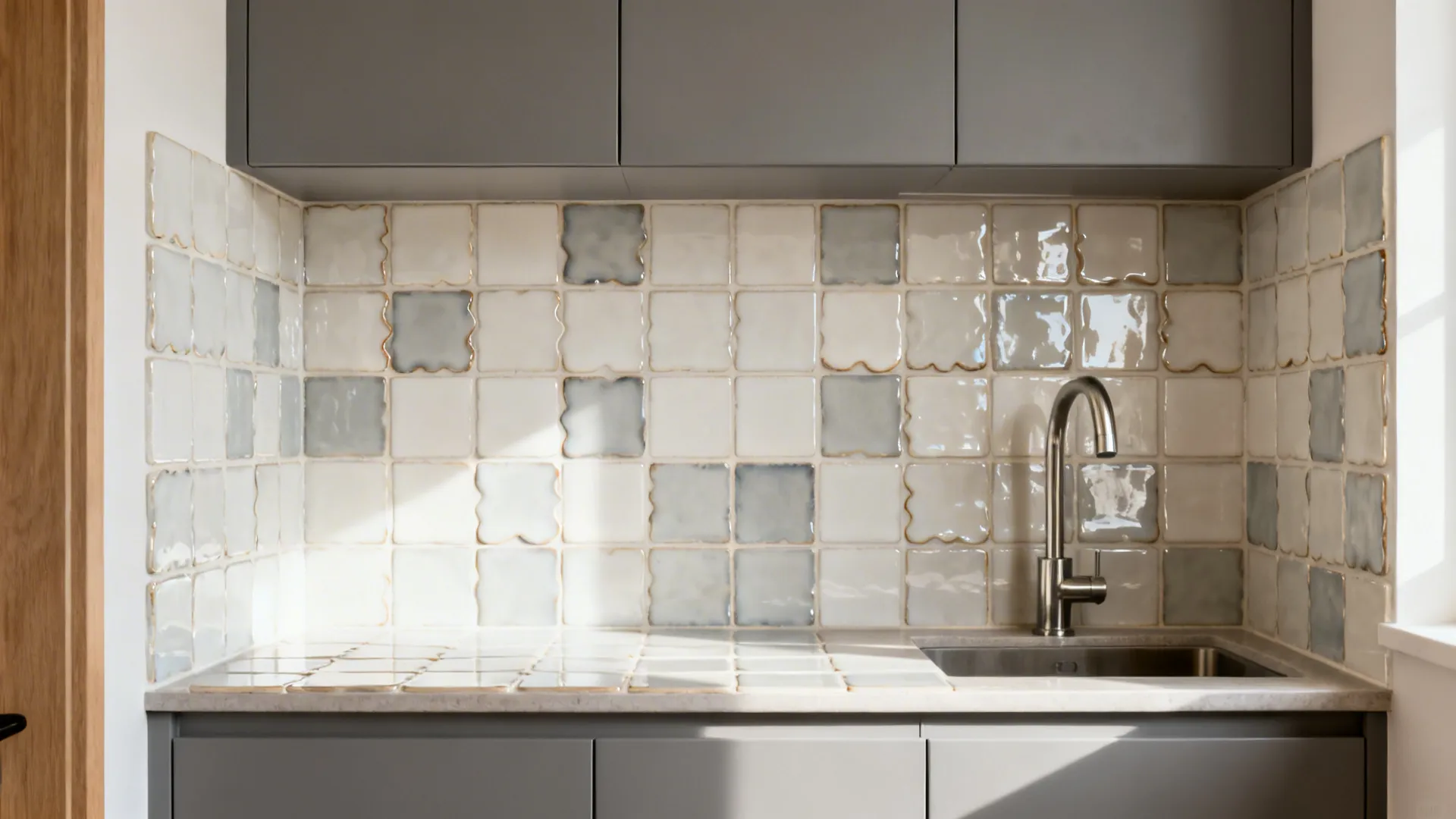 Graphite-grey cabinets with glossy zellige-style tiles reflecting soft daylight.