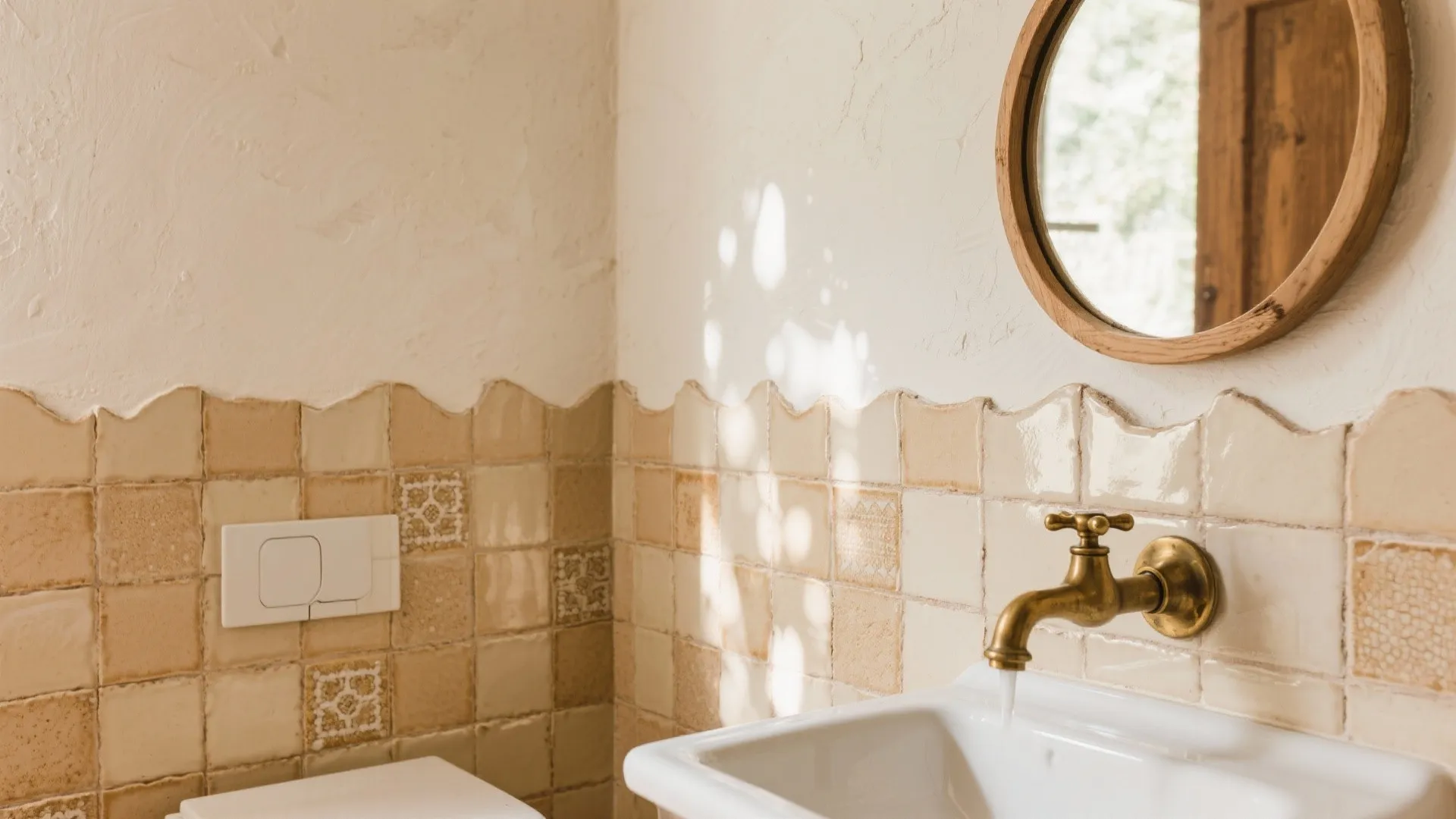 Beige handcrafted wall tiles with a brass faucet and a round wooden mirror in bathroom