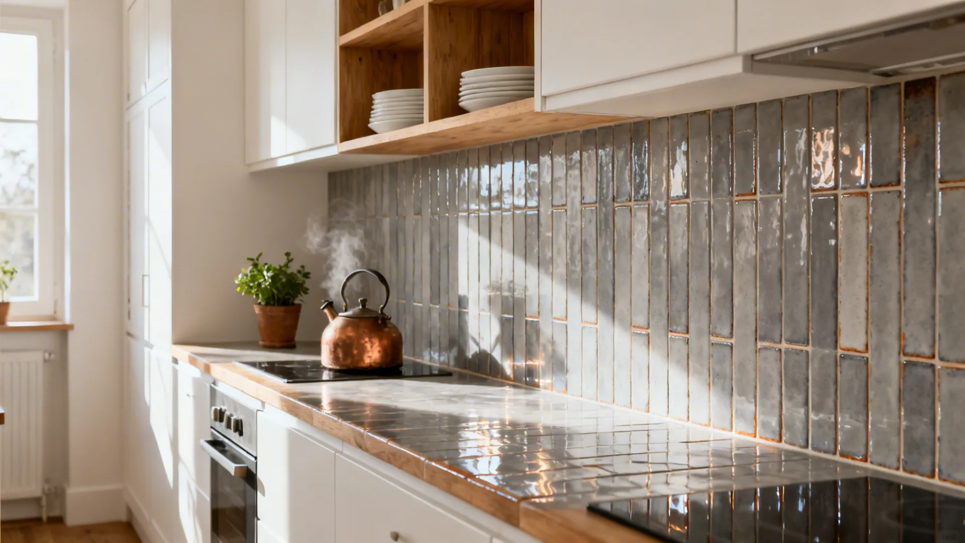 Galley kitchen with vertical stacked zellige tiles showing tonal variation and sheen.