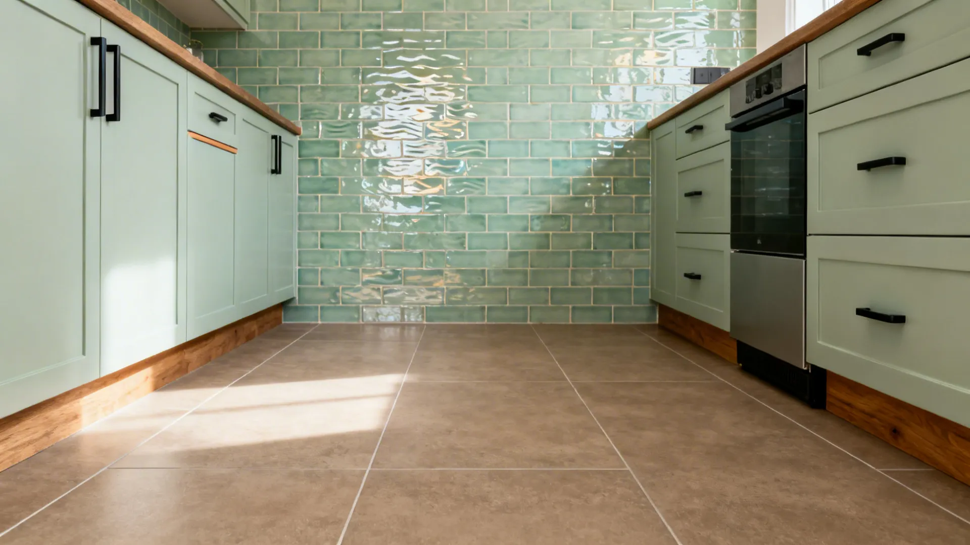 Small kitchen with glossy zellige-look sage splash and honed large-format taupe floor.