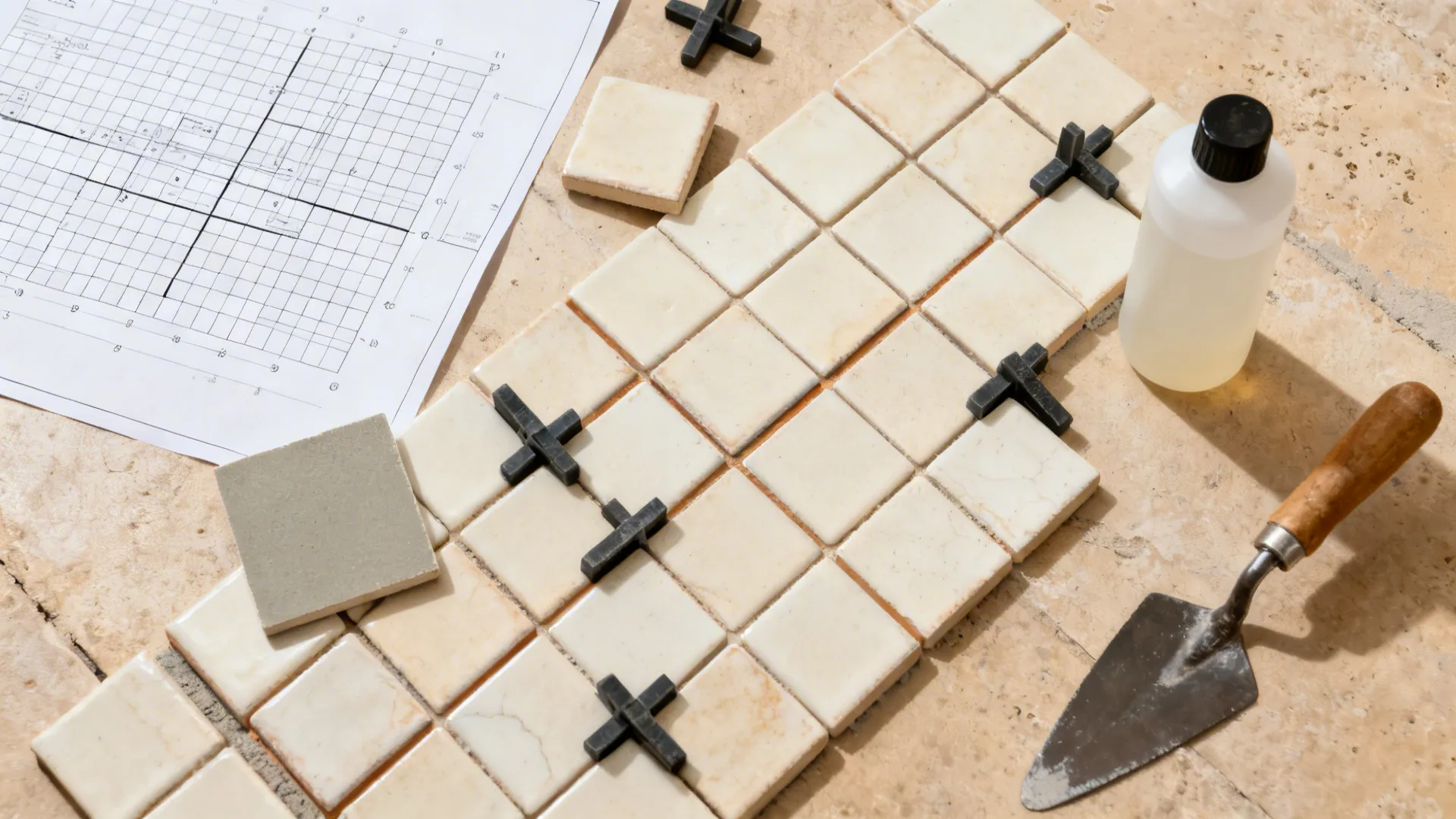 Top-down layout with Zellige tiles, spacers, matching grout, and sealer for tight-joint installation.