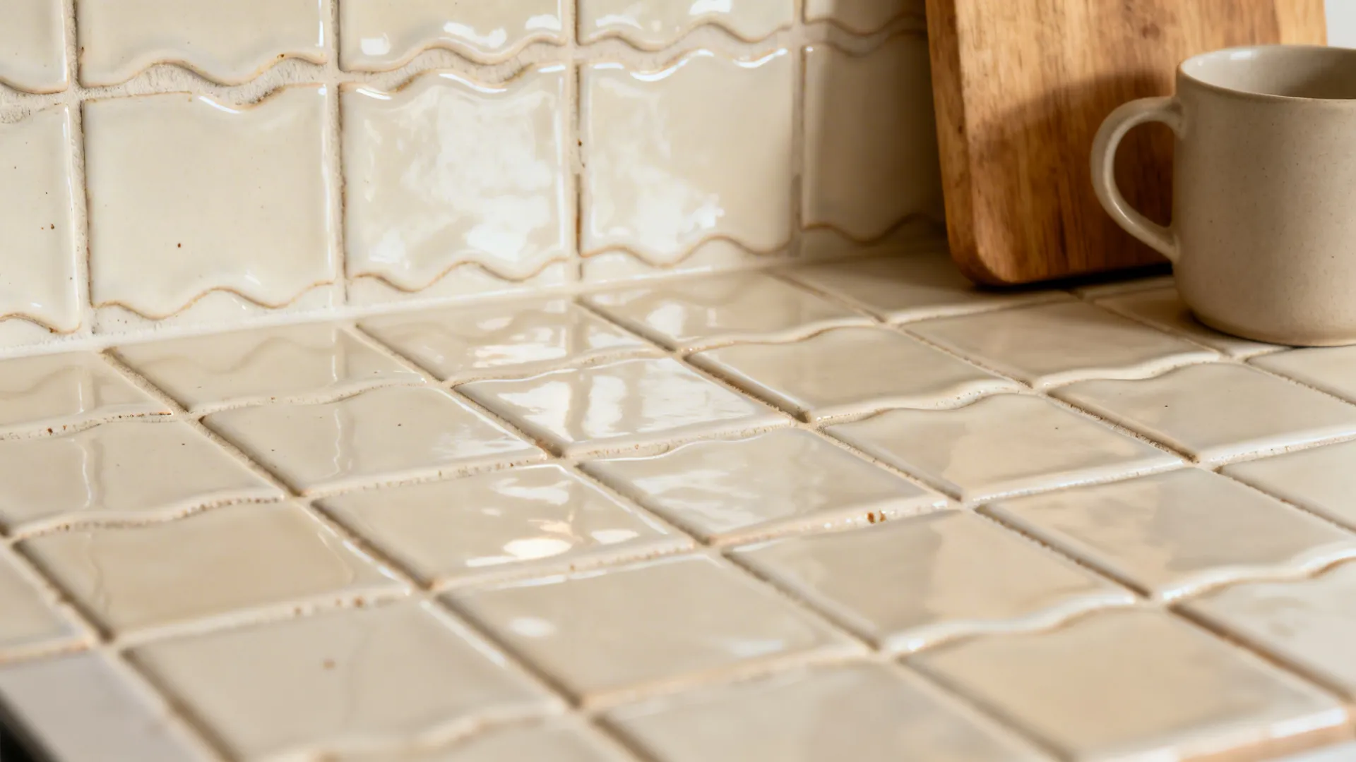 Macro of ivory Zellige tiles with warm LED highlights and tight matching grout.