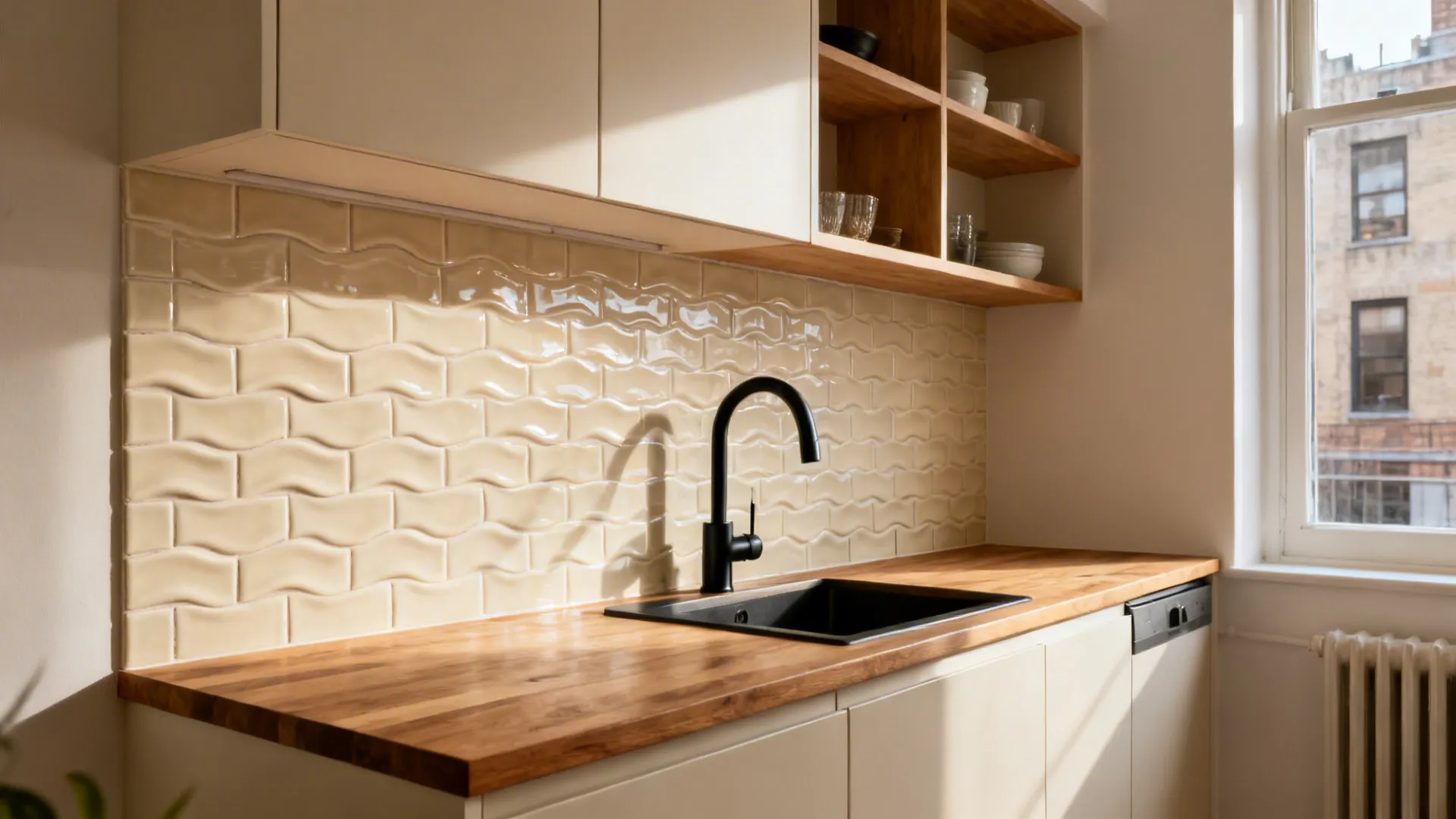 Compact kitchen with cream zellige tile backsplash, oak accents, and matte black fixtures.