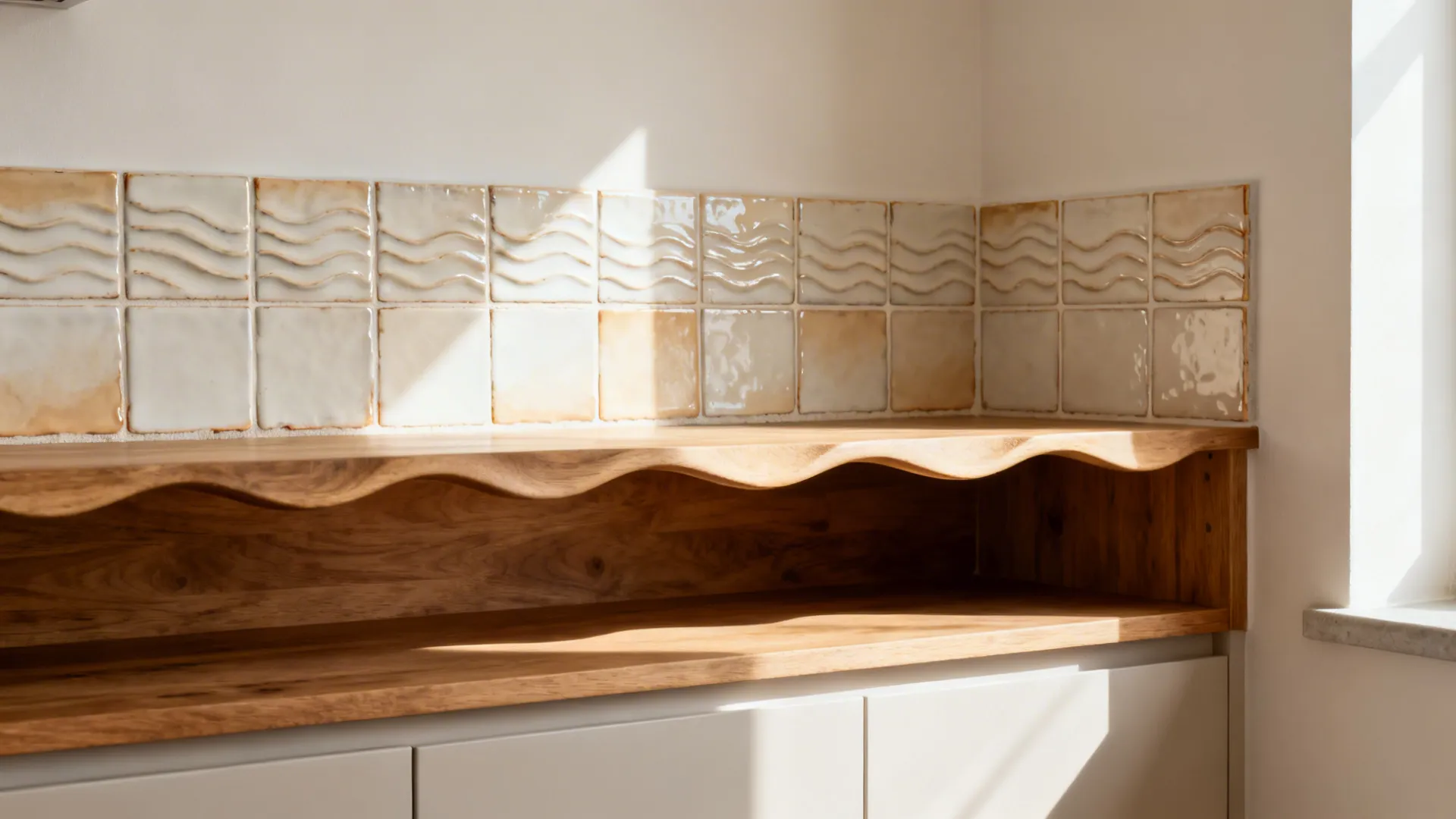 Zellige-look ceramic backsplash with rippled glaze and warm tones above an oak shelf.