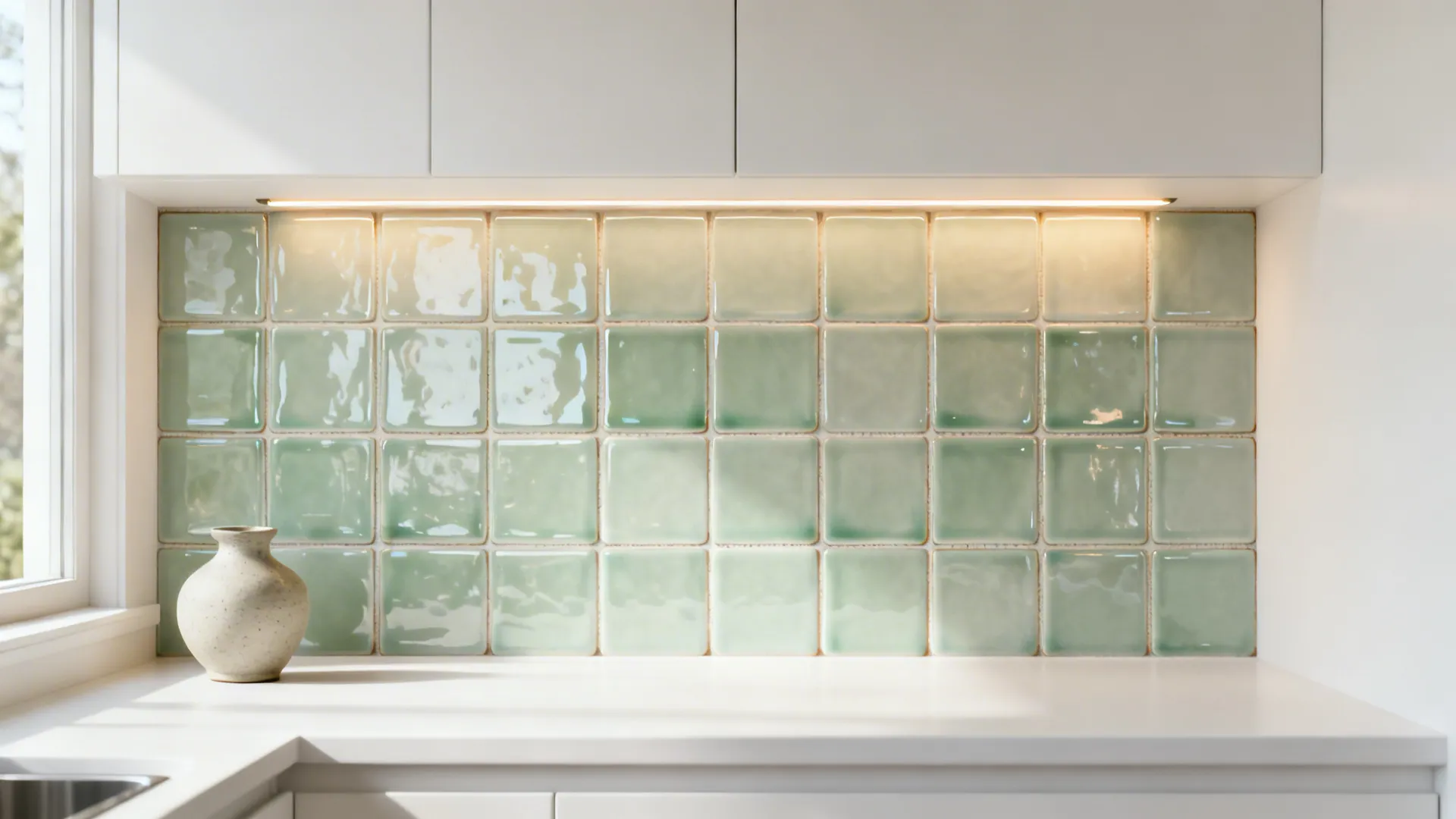 Light green square wall tiles in kitchen with under cabinet light fixture and small ceramic vase