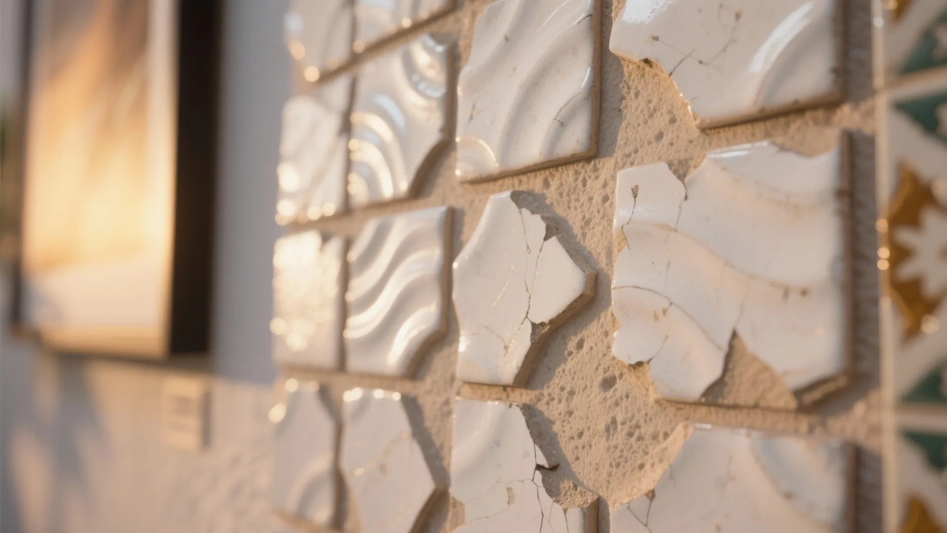 Macro of handmade zellige wall tiles with soft white grout, showing glaze variation and gentle warm picture light.