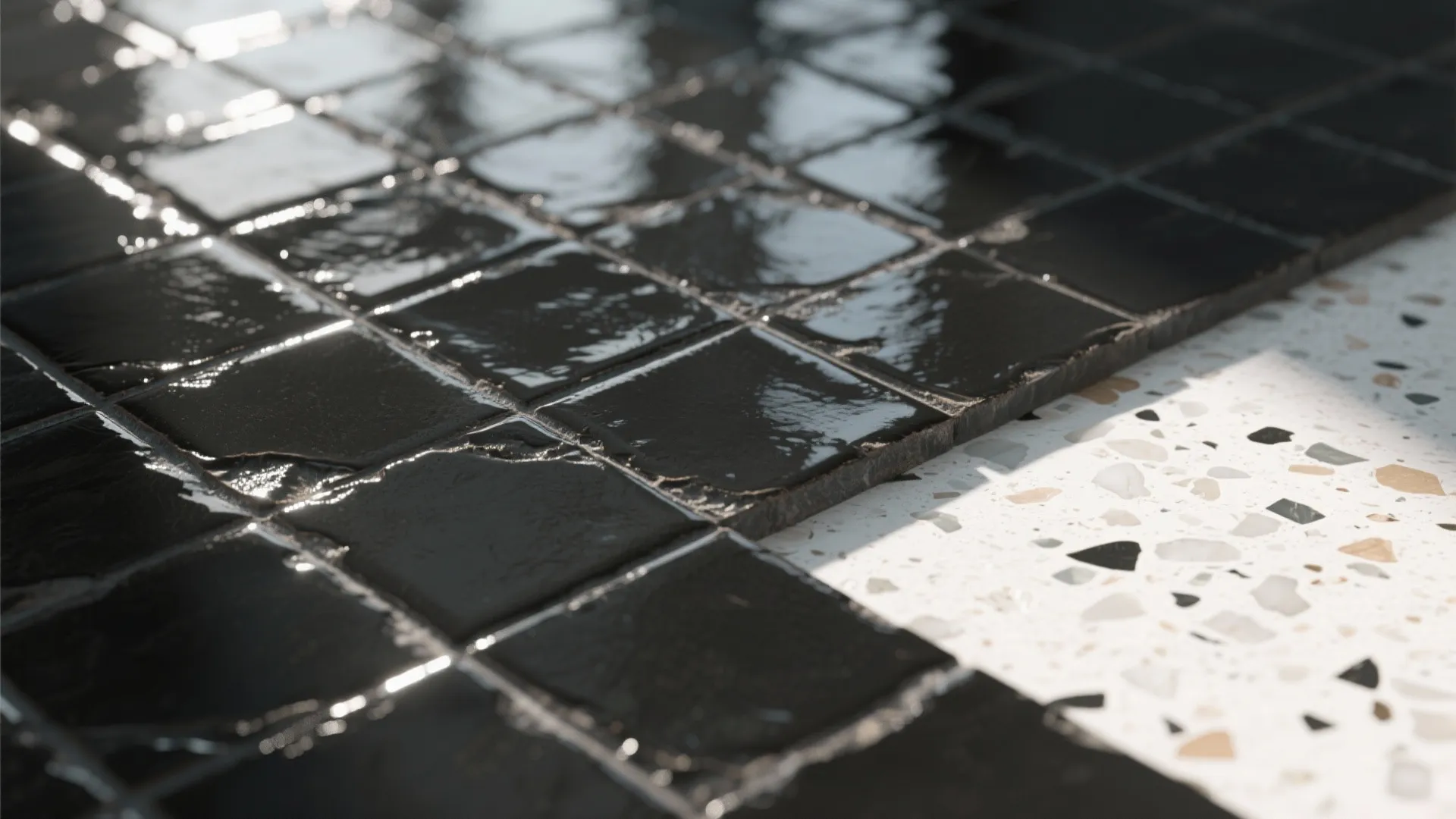 Textured Black Accent Wall + White Terrazzo Floor