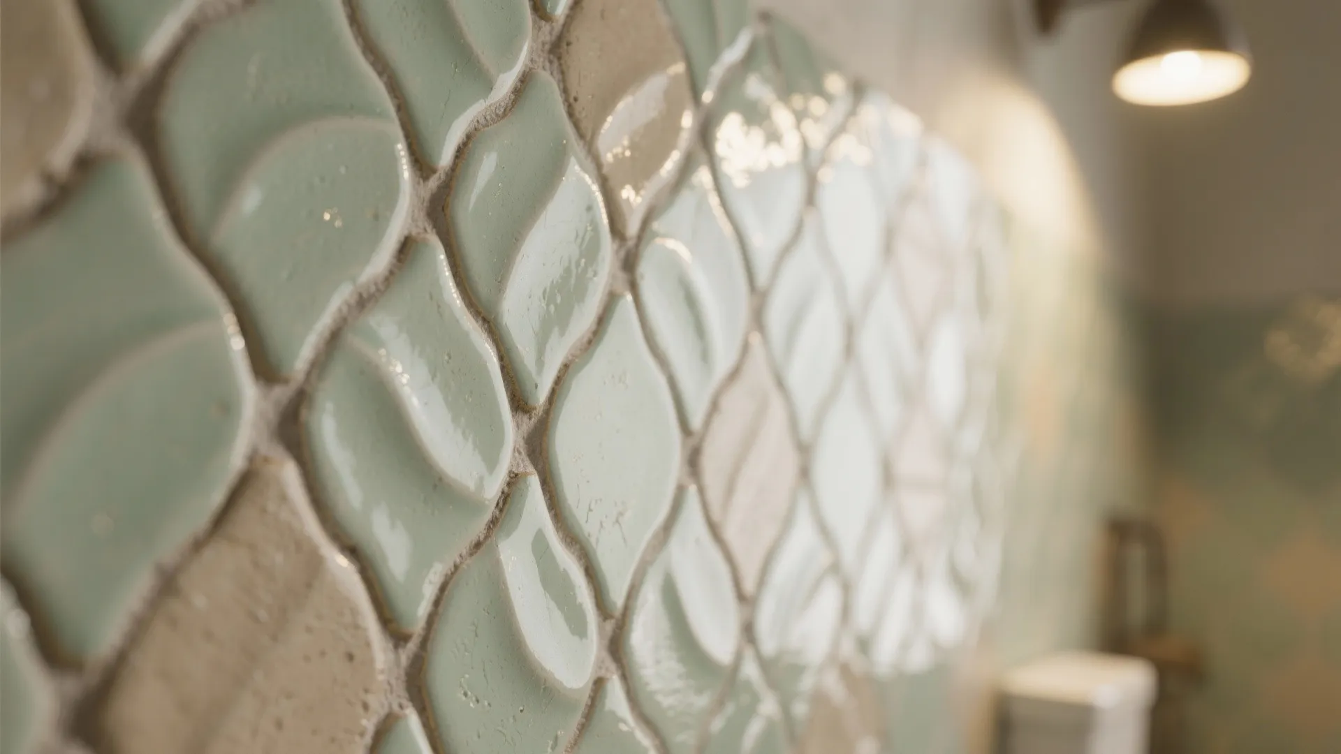 Macro of pale sage zellige tile with handmade glaze ripples and soft sheen under warm light, highlighting artisanal texture.