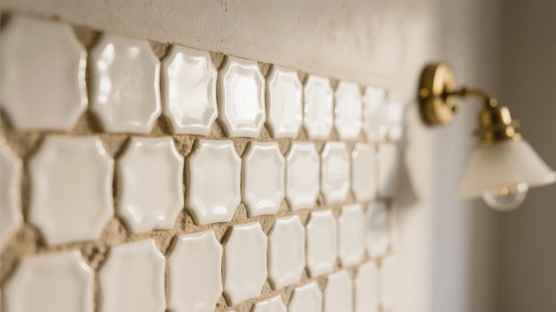 Macro of handmade white zellige tiles with rippled faces and soft gloss under morning light.