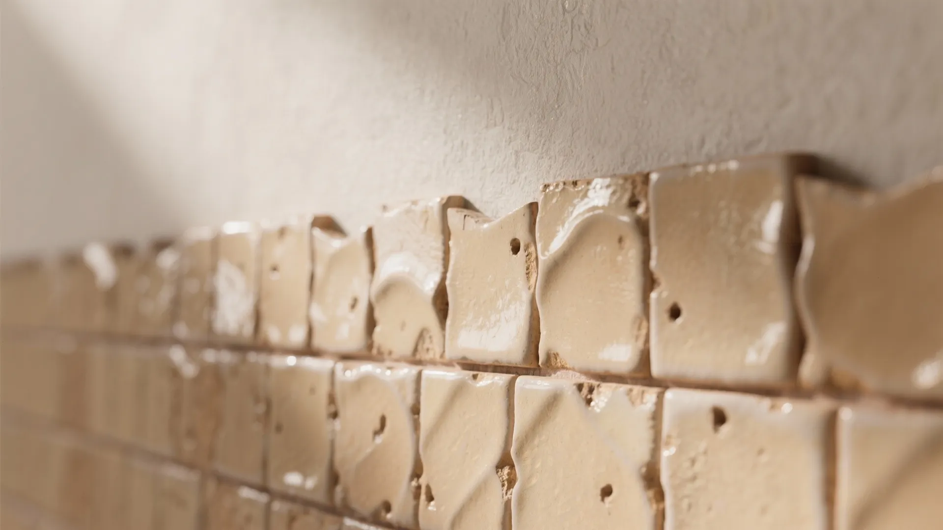 Close up of handmade cream wall tiles with natural texture and uneven edges under soft light