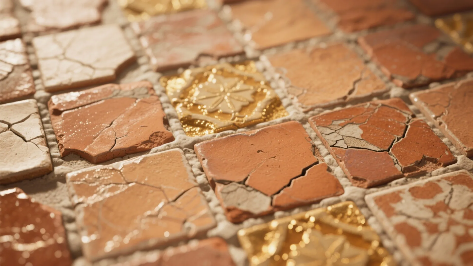 Close up view of cracked brown square wall tiles mixed with decorative gold floral tiles